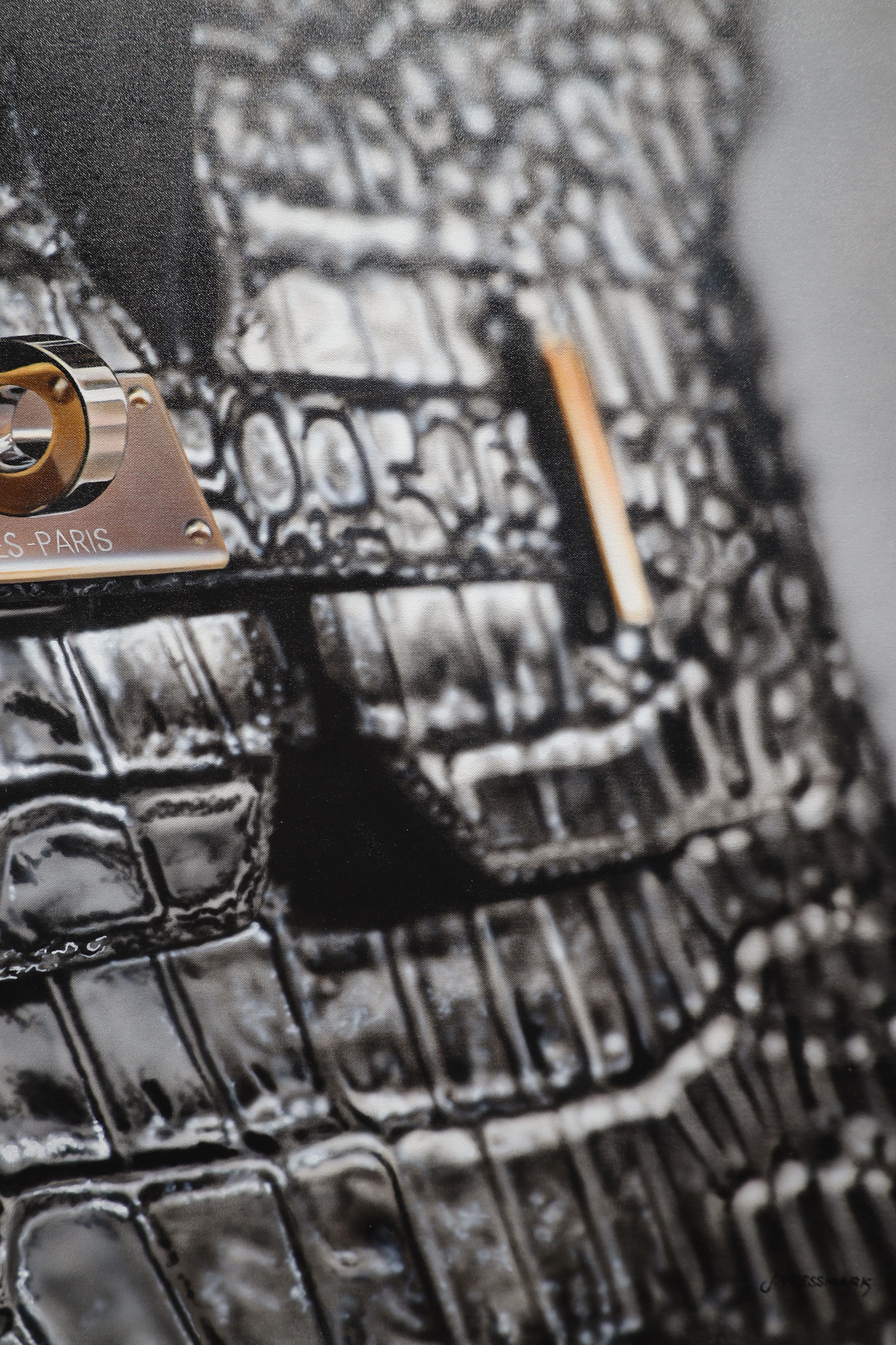 Hermes Birkin Black - Peinture hyperréaliste en vente 1