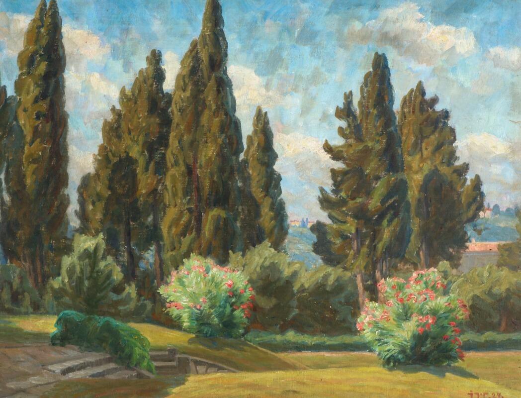 Johannes Wilhjelm: View from a park over Florence, Italy. Signed and dated JW 24. Oil on canvas. 

This painting is of a park with old growth evergreens and flowering shrubs. The light from the center of the painting leads the viewer through a