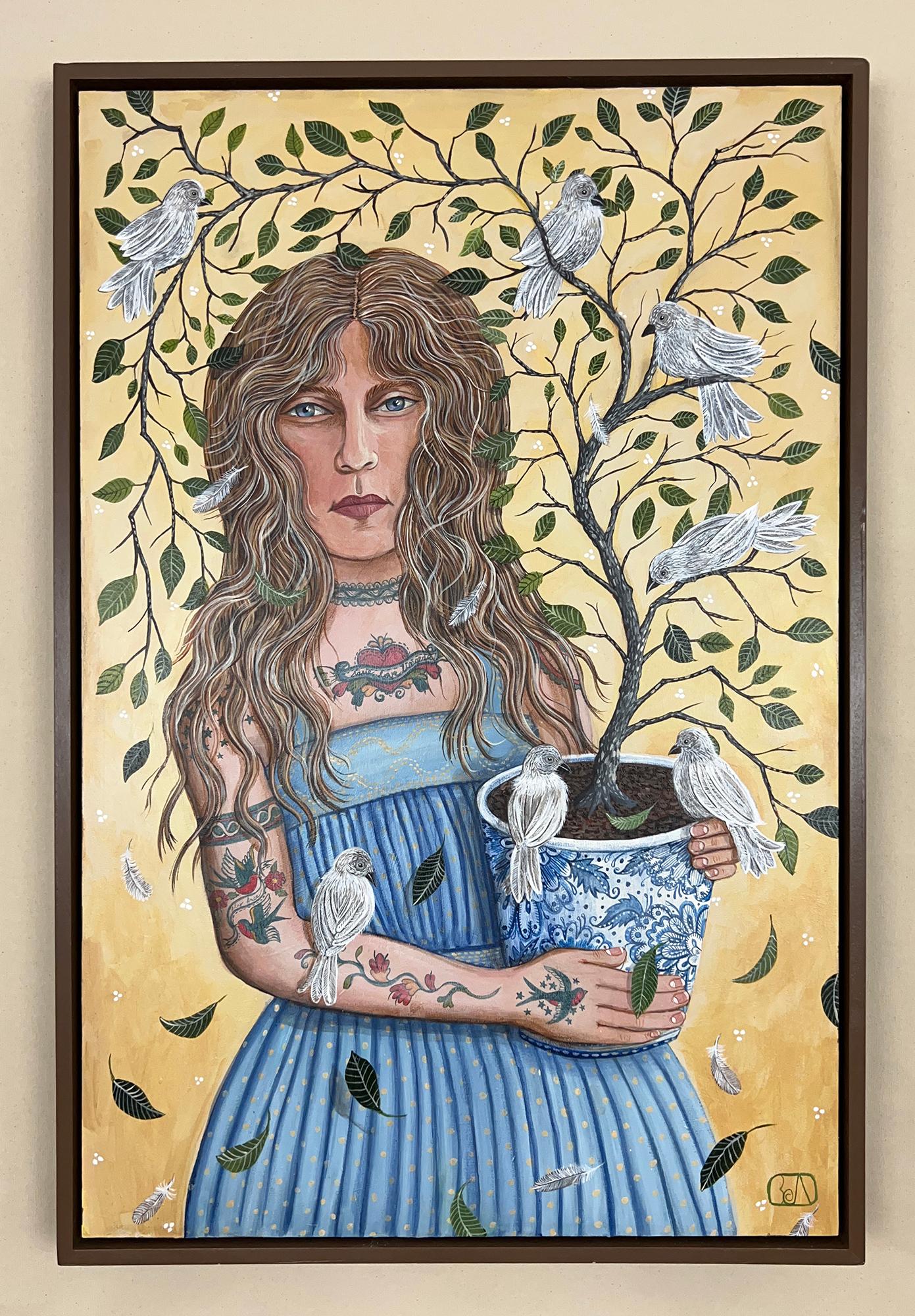 Le muse si radunano come uccelli sui rami, Pittura originale - Painting Outsider Art di Johansen Newman
