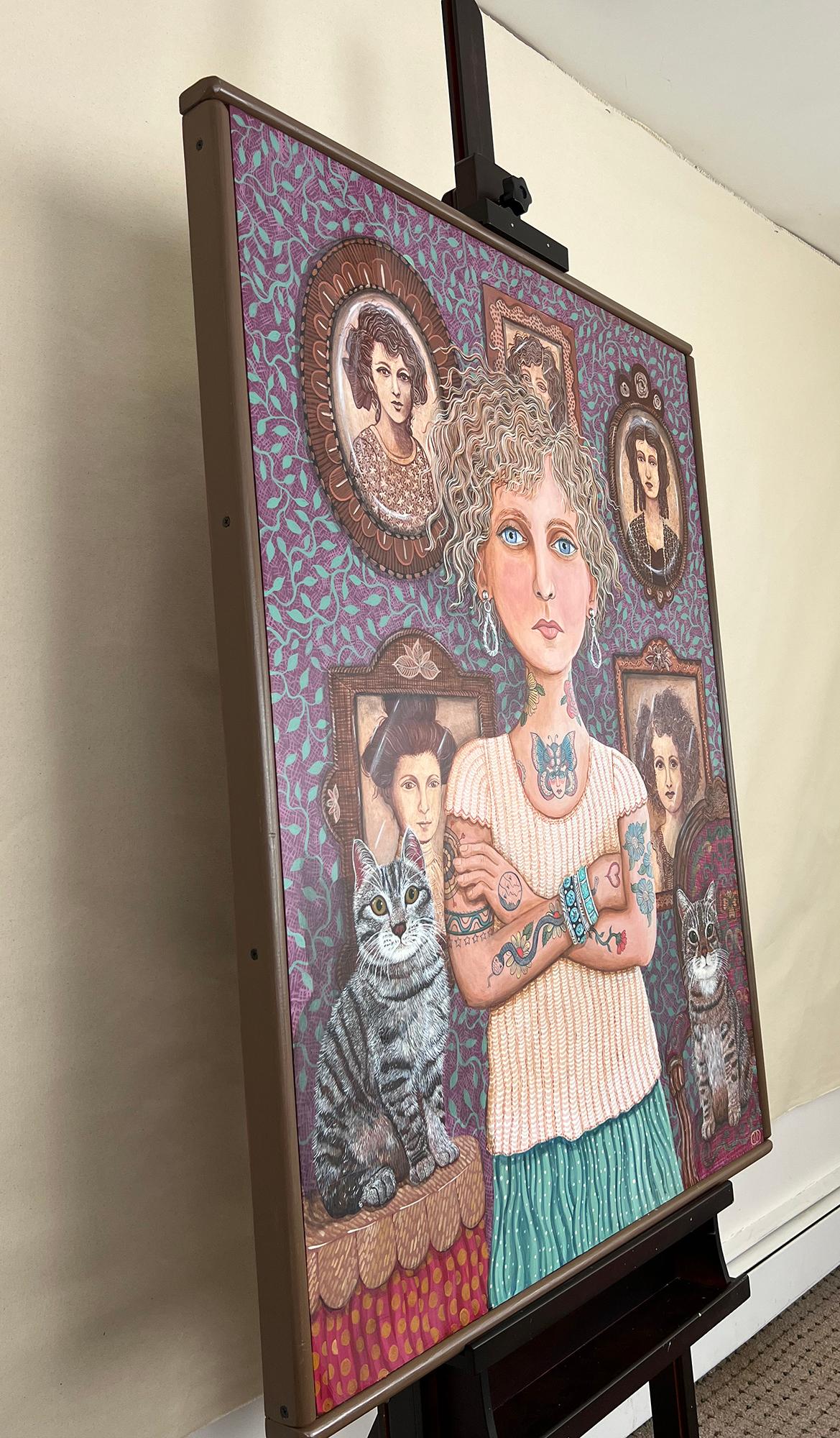<p>Artist Comments<br>Artist Johansen Newman paints a portrait of a blonde tattooed woman in front of a wall of pictures. Two gray cats sit with the same open expressions. Johansen quotes the first stanza from Unbidden by Rae Armantrout as a