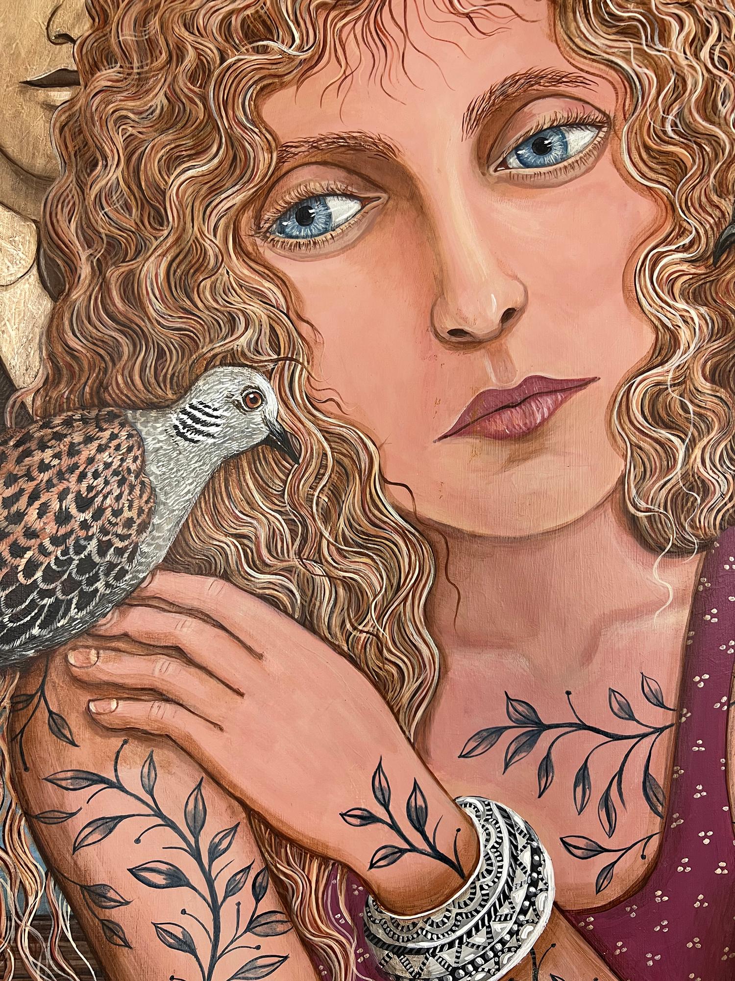 <p>Artist Comments<br>Artist Johansen Newman pictures a contemplative portrait of a woman writing a letter. It raises the question of which of the images on the wall, if any, the note is connected to. Five turtle doves surround her - a symbol of