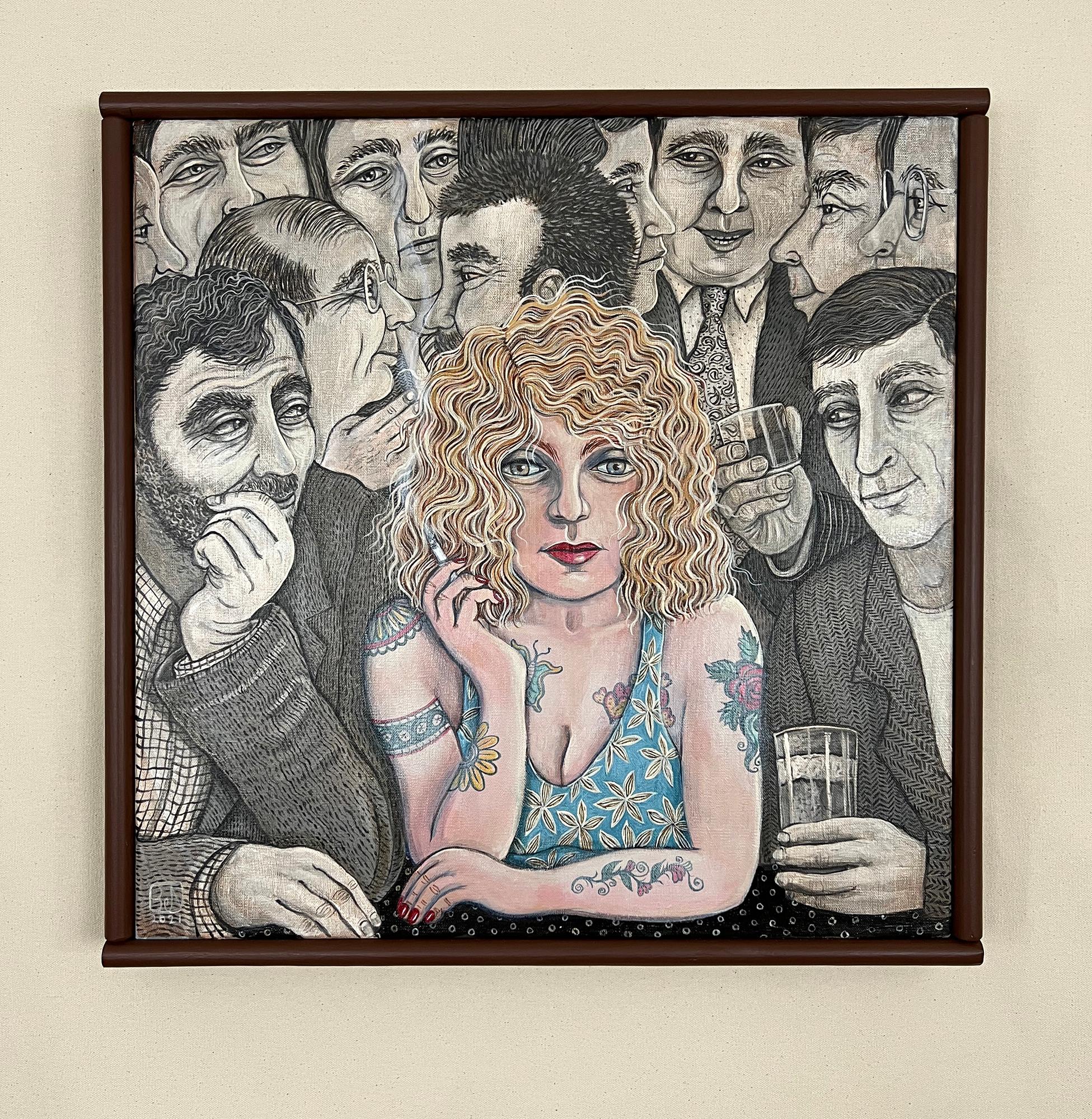 <p>Artist Comments<br>Artist Johansen Newman displays an image of a tattooed woman sitting alone in a tavern surrounded by men. 