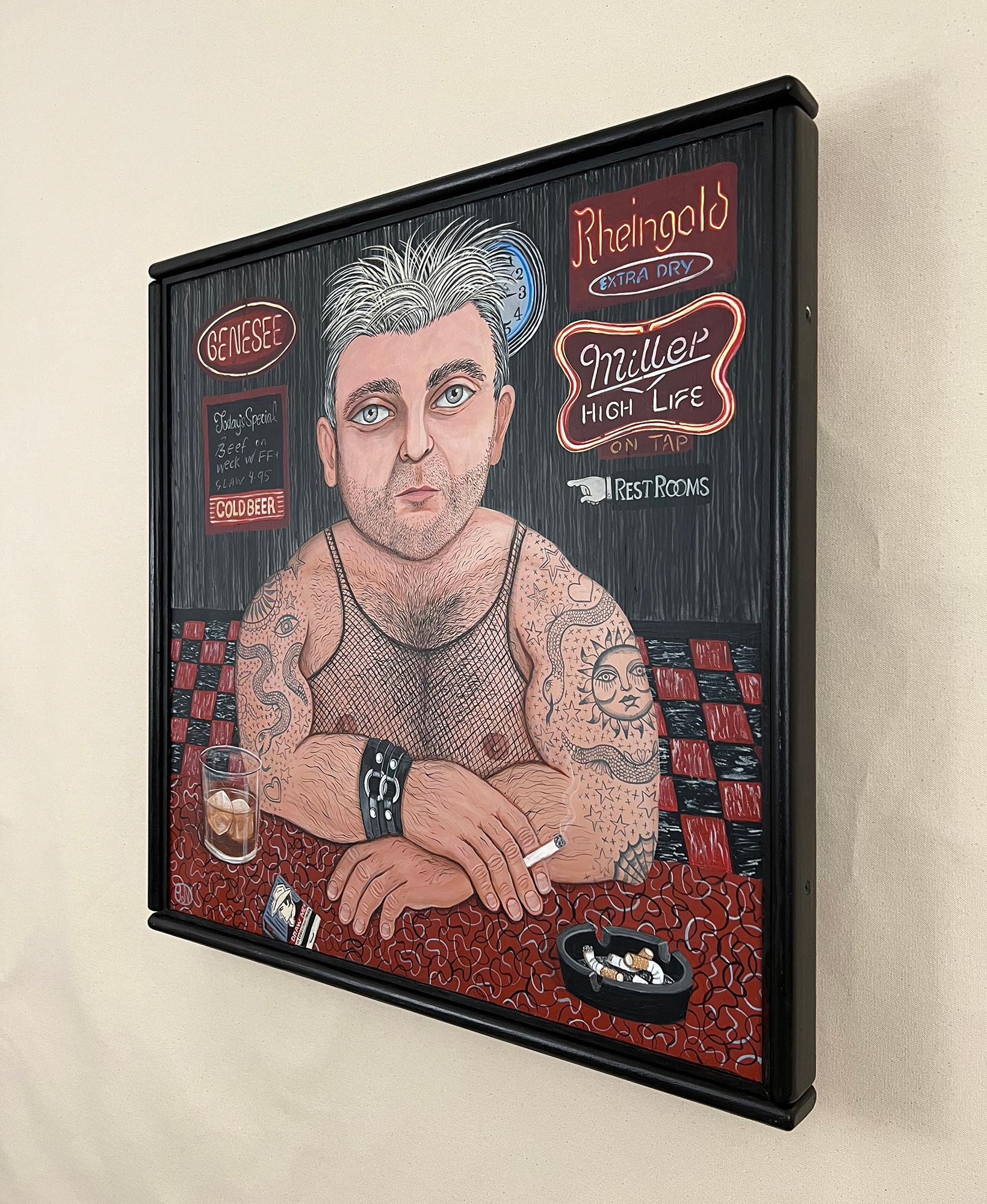 <p>Artist Comments<br>Artist Johansen Newman paints a contemporary portrait of a tattooed man smoking and drinking by the bar. 