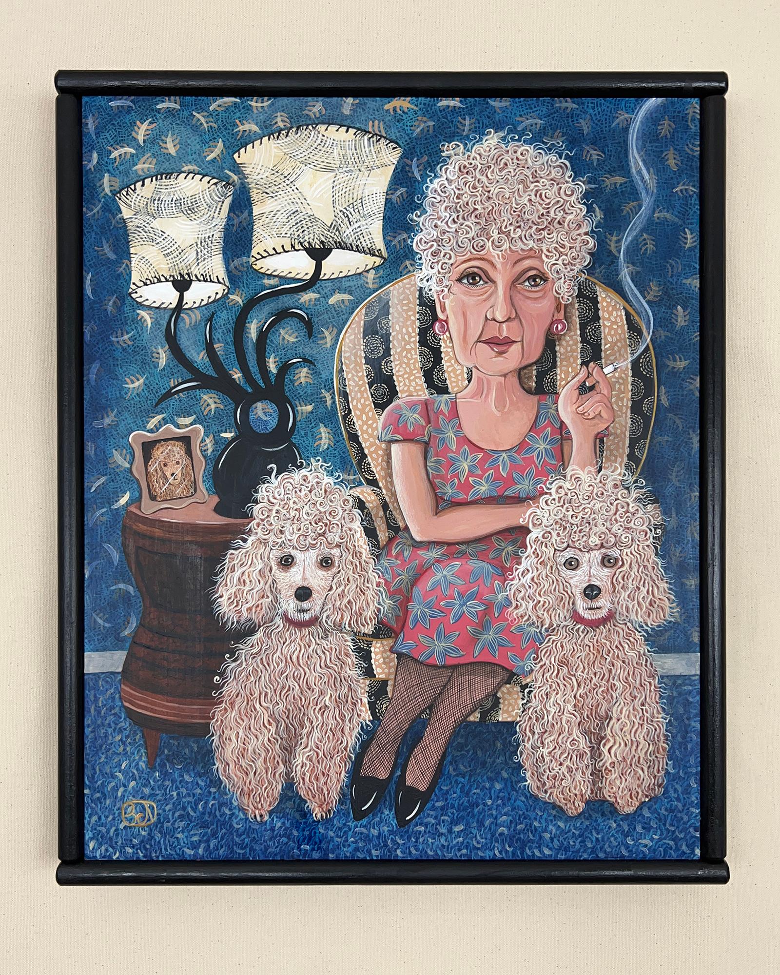 <p>Artist Comments<br>Artist Johansen Newman shares a portrait of an older woman in a chic floral dress and fishnet stockings. In a deep blue Mid-Century Modern styled room sits Mimi, smoking in a cozy armchair. She surrounds herself with her best