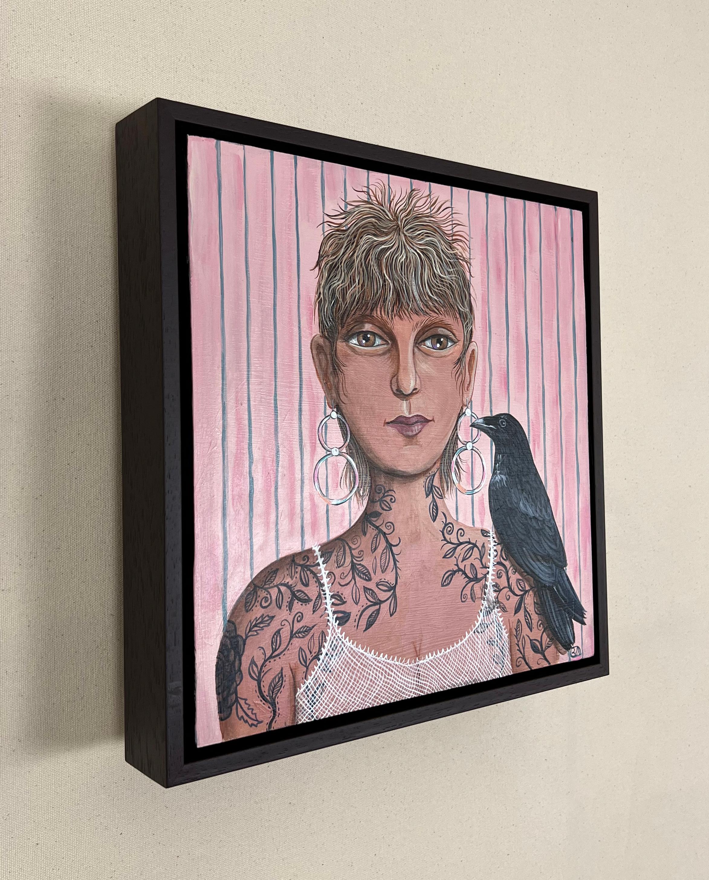 <p>Artist Comments<br>Artist Johansen Newman paints a portrait of a young tattooed woman with short feathery hair and a delicate fishnet top. Beautiful silver hooped earrings dangle on her ears. A friendly raven sits on her shoulder, eagerly