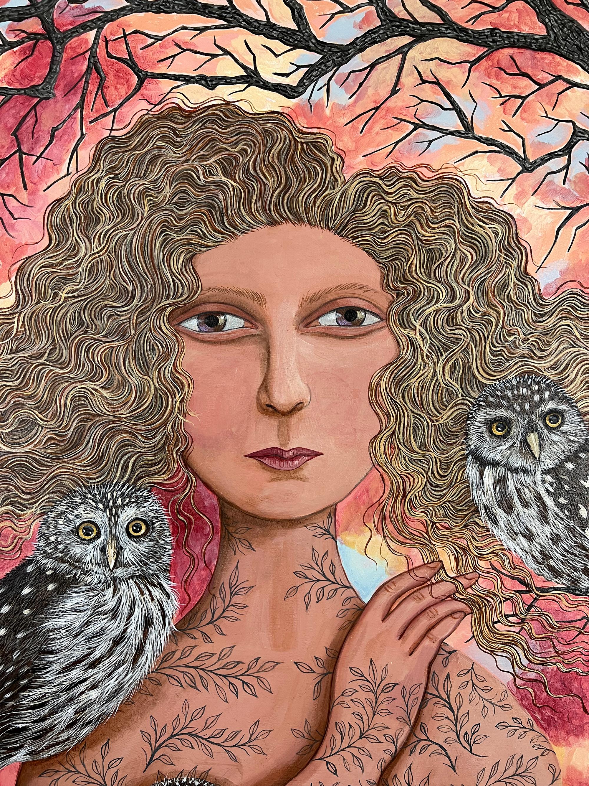Sunset with Pygmy Owls, Original Painting For Sale 2