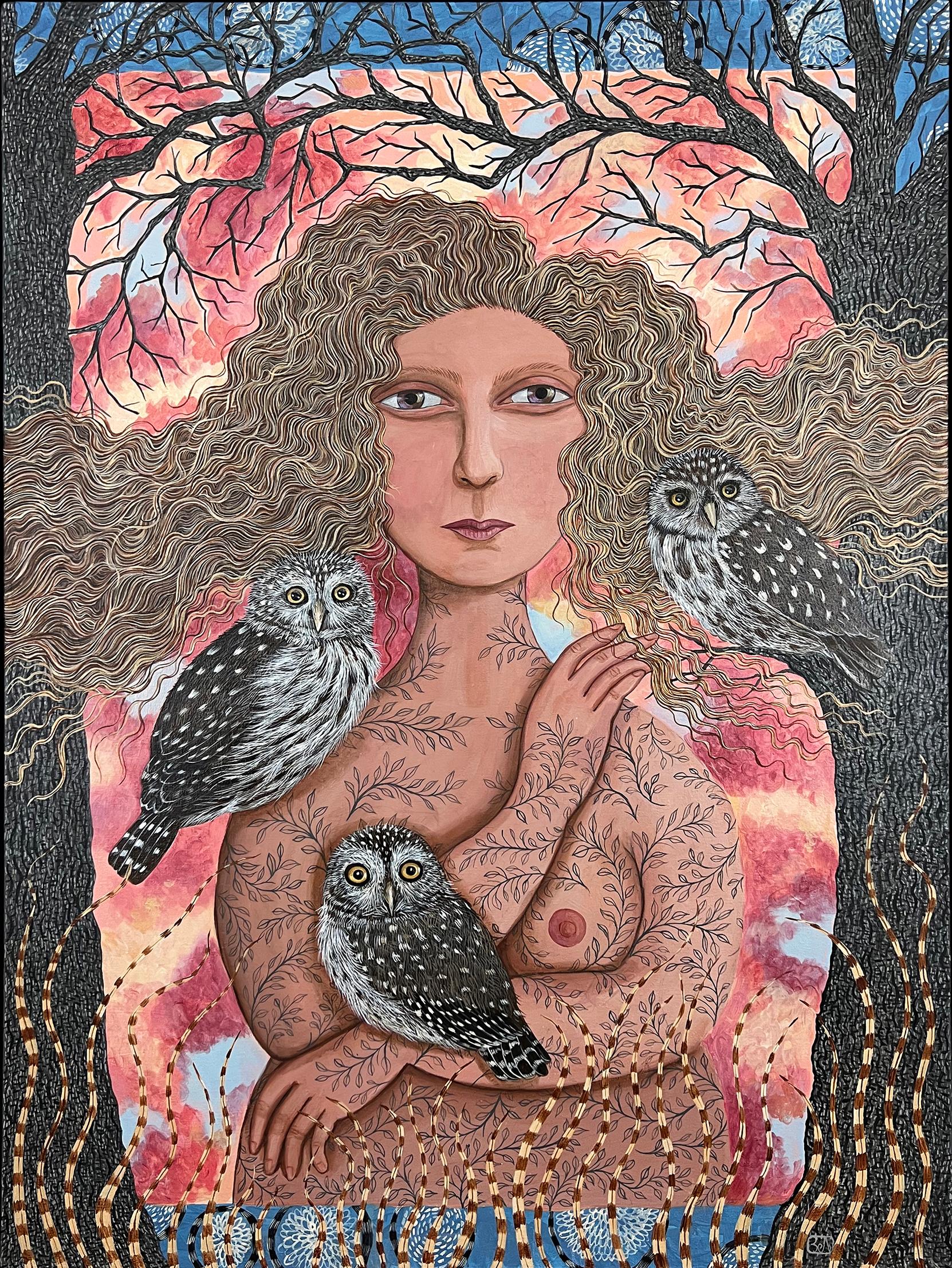 Johansen Newman Animal Painting - Sunset with Pygmy Owls, Original Painting