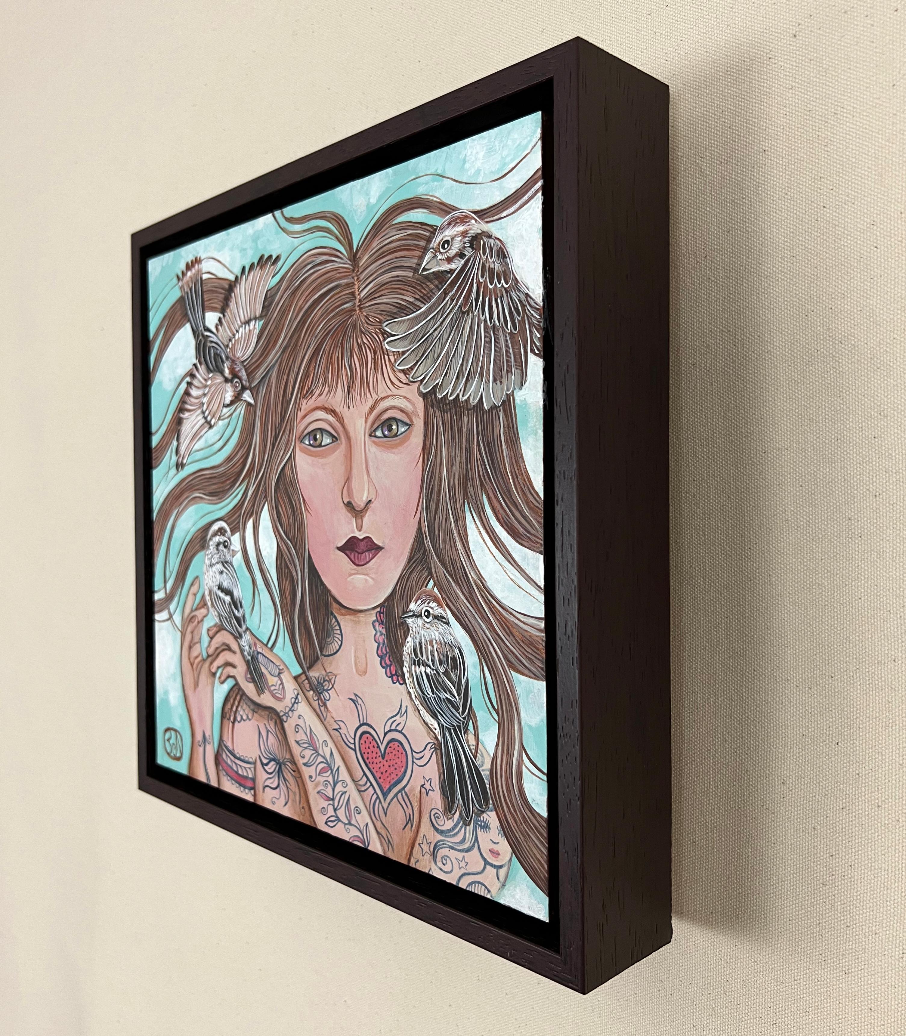 <p>Artist Comments<br>Artist Johansen Newman paints a portrait of a young tattooed woman with flowing hair. Her hazel eyes strike a piercing gaze toward the viewer. Sparrows flutter around her head and play with her long brown locks. The aqua-blue