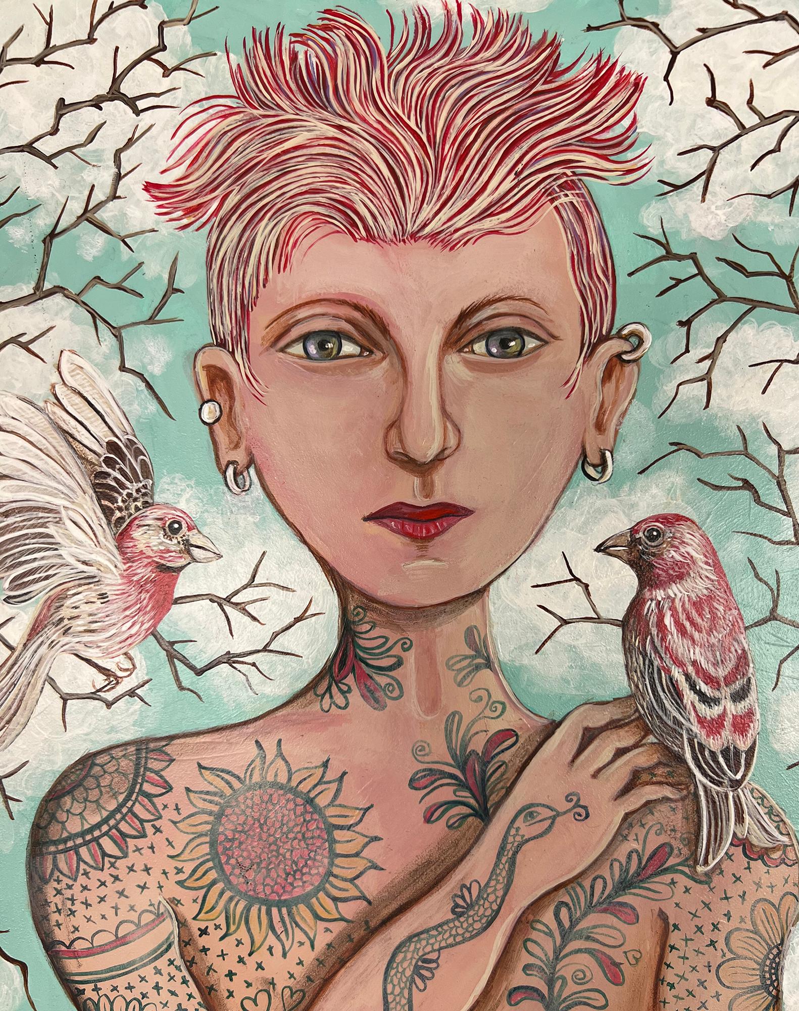 <p>Artist Comments<br>Artist Johansen Newman presents a contemporary portrait of a young tattooed woman. Her fiery red locks draw the viewer's attention to her contemplative face. She stands in the open air among leafless branches and friendly