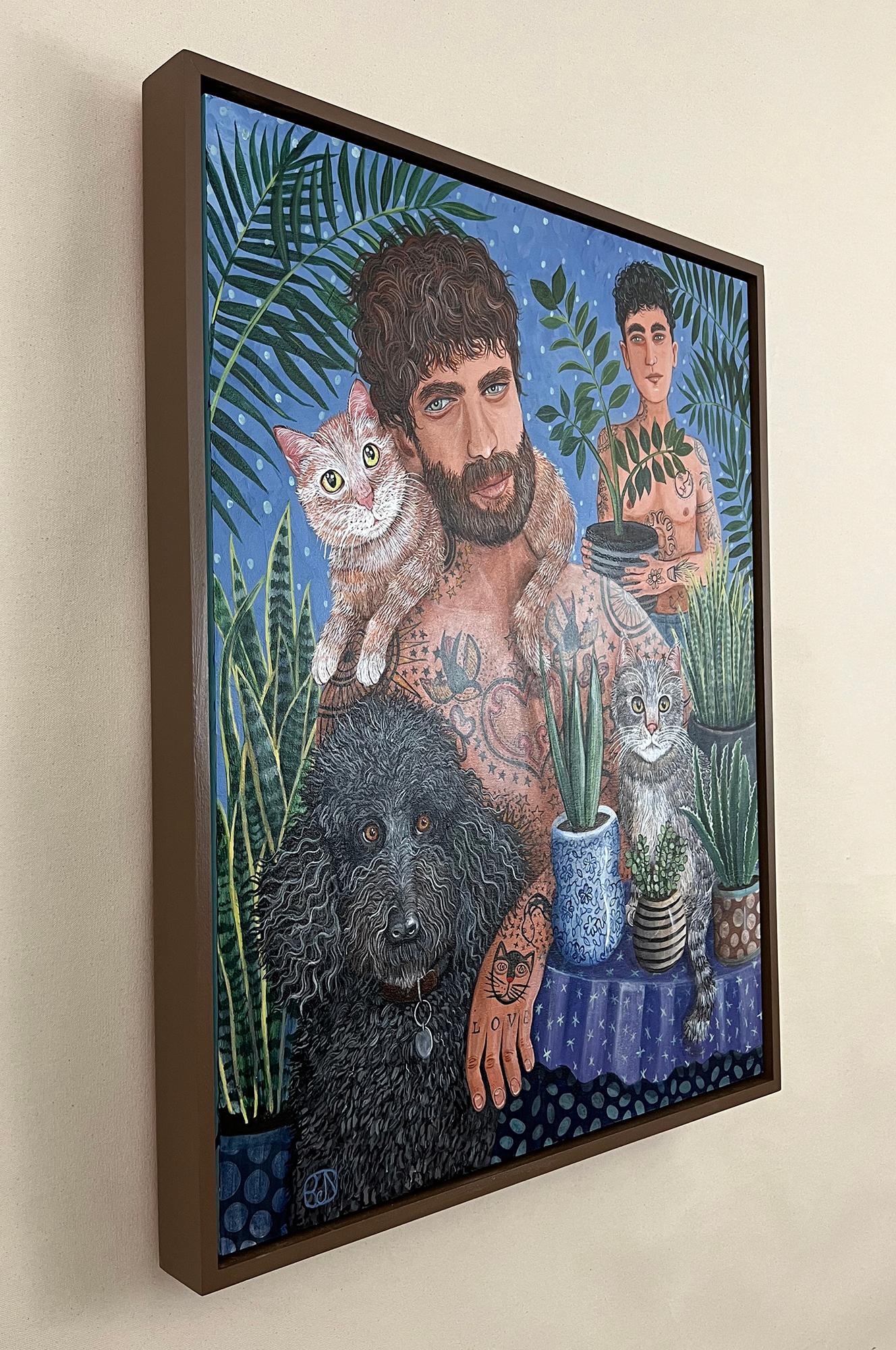 <p>Artist Comments<br>Artist Johansen Newman paints a portrait of two men with their shaggy-haired dog and two cats. A diverse array of potted plants flourish from the foreground to the background. The subjects surround themselves with the things