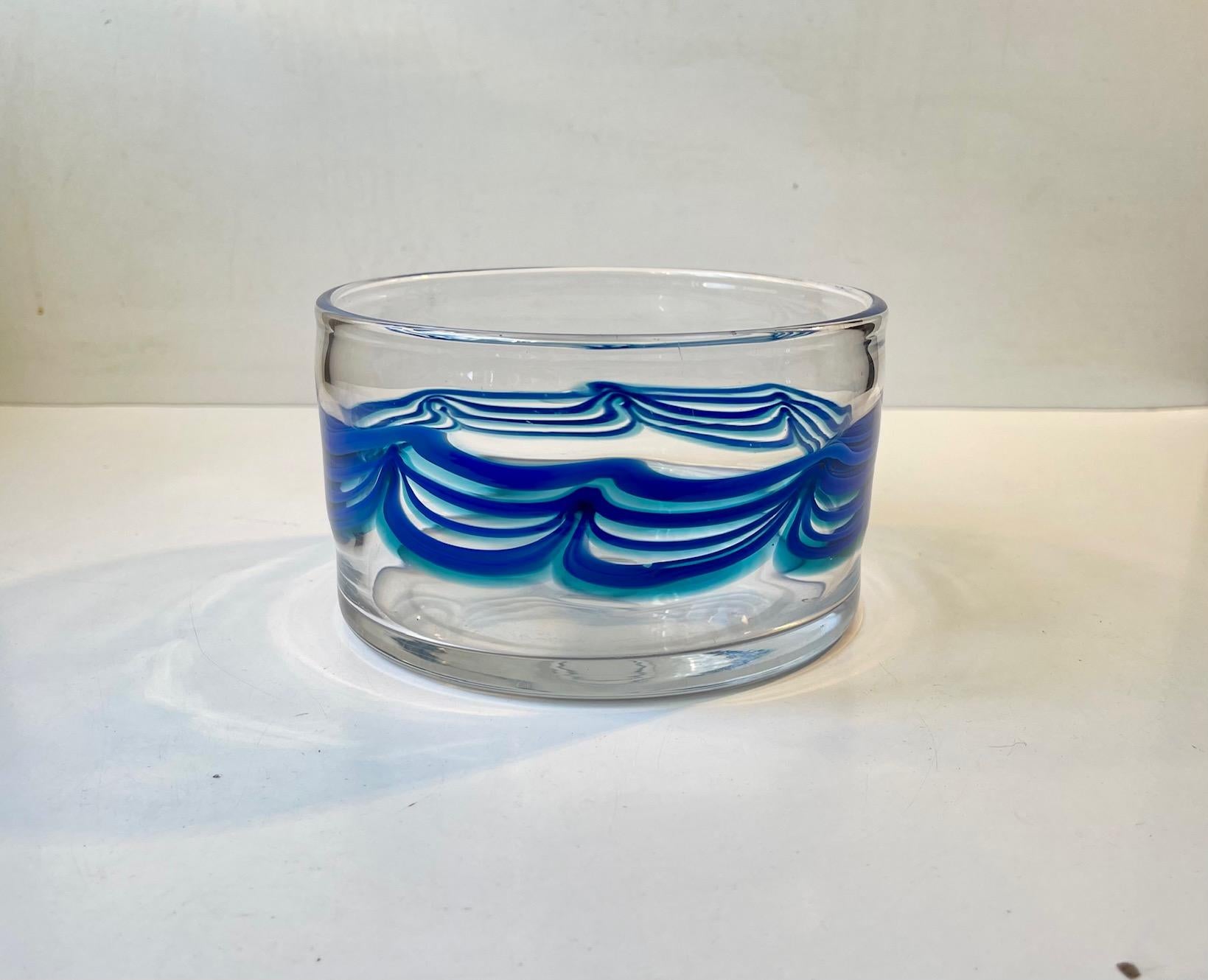 Scandinavian Modern Johansfors Glasbruk Art Glass Bowl with Blue Waves For Sale