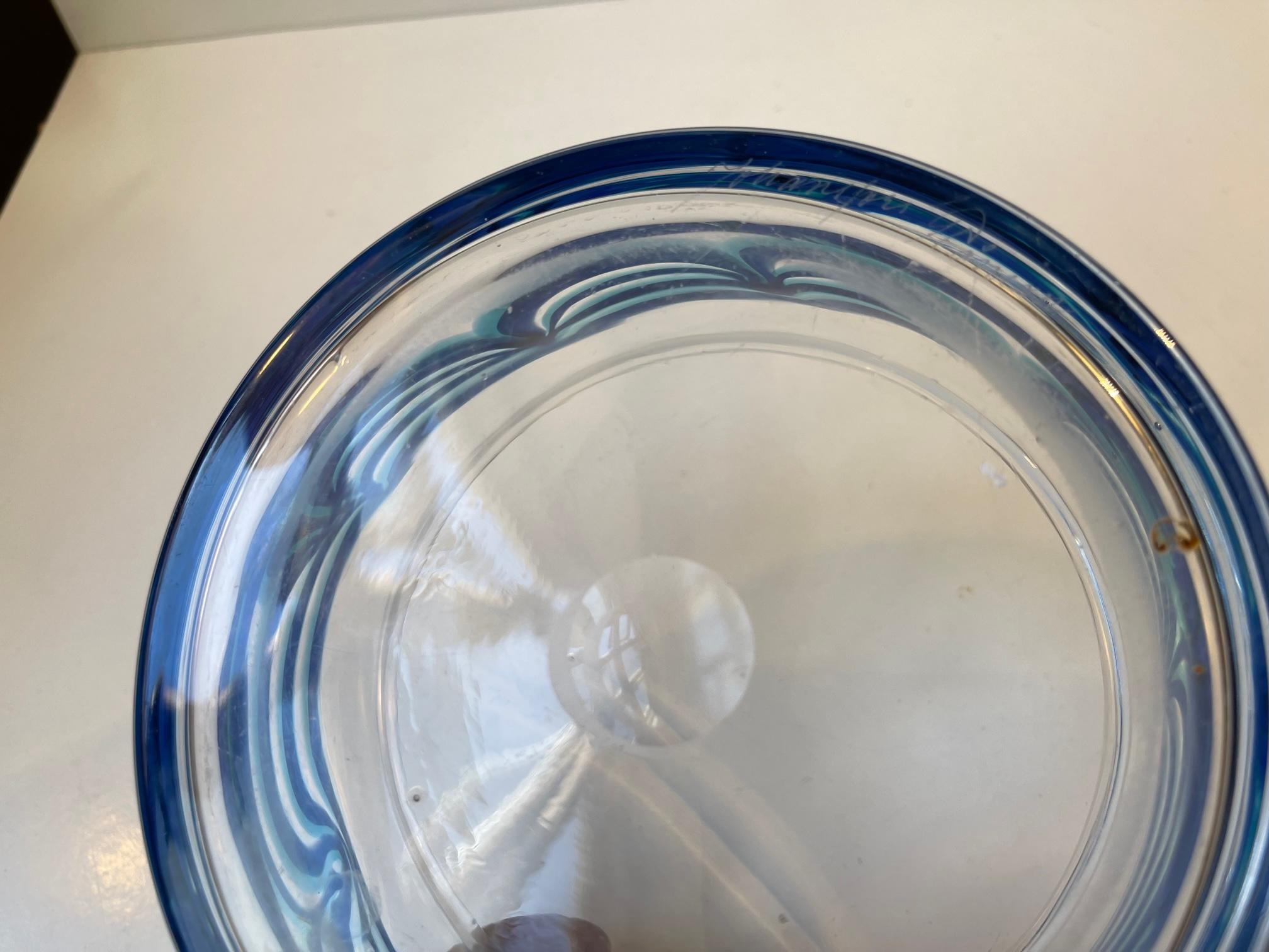 Swedish Johansfors Glasbruk Art Glass Bowl with Blue Waves For Sale