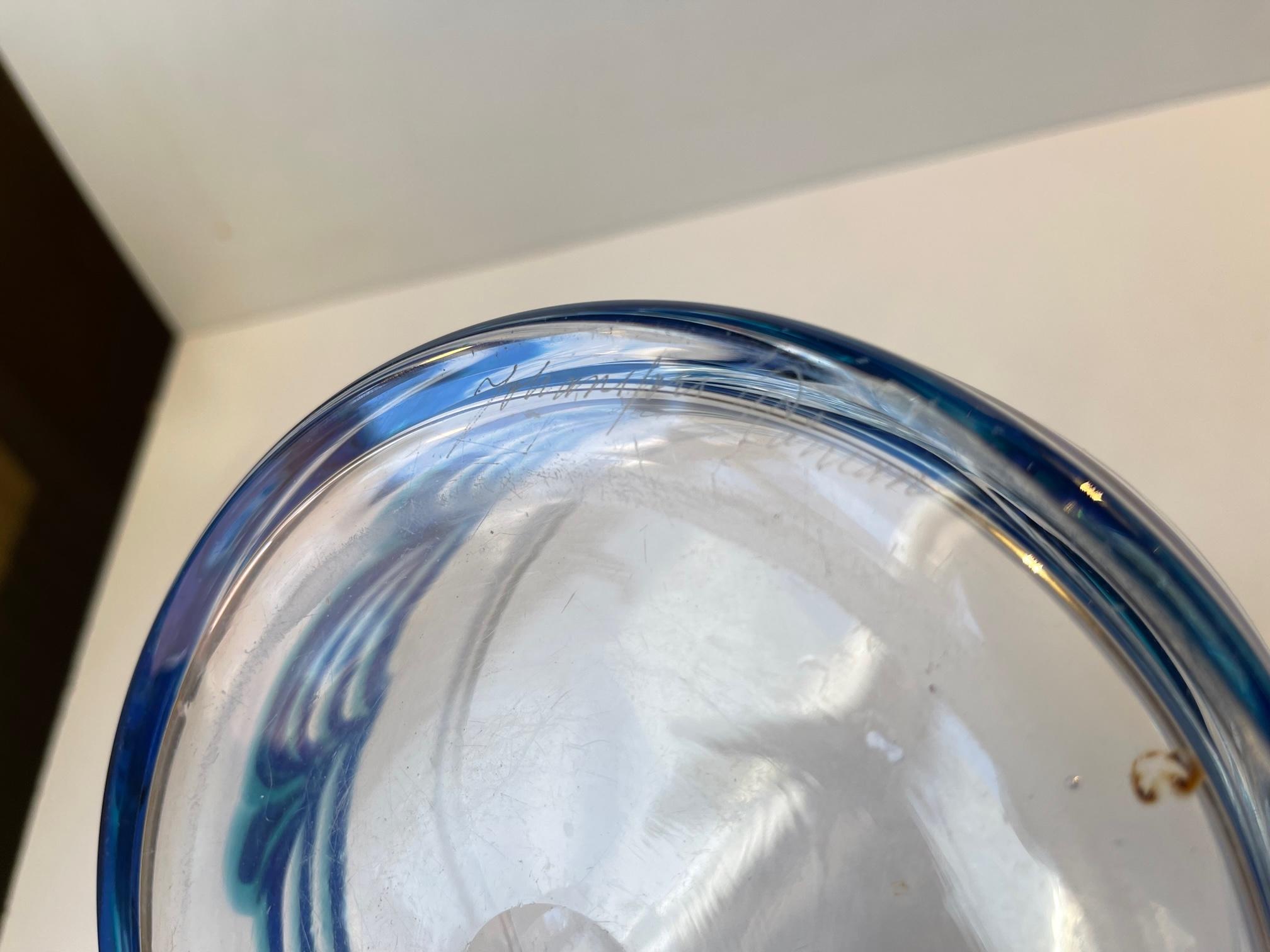 Late 20th Century Johansfors Glasbruk Art Glass Bowl with Blue Waves For Sale