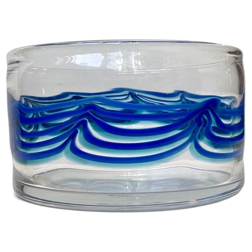 Johansfors Glasbruk Art Glass Bowl with Blue Waves For Sale