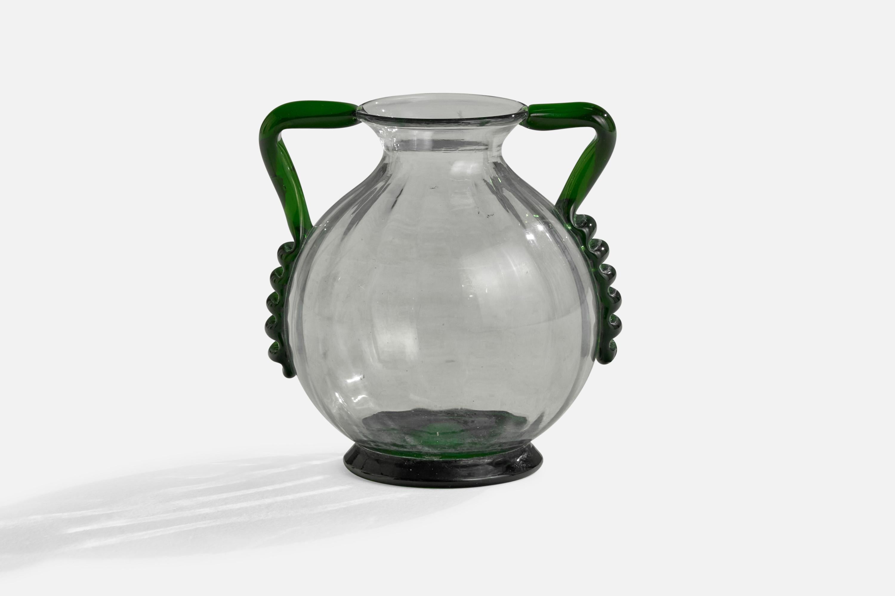 A green and clear blown glass vase produced by Johansfors Glasbruk, Sweden, c. 1940s.