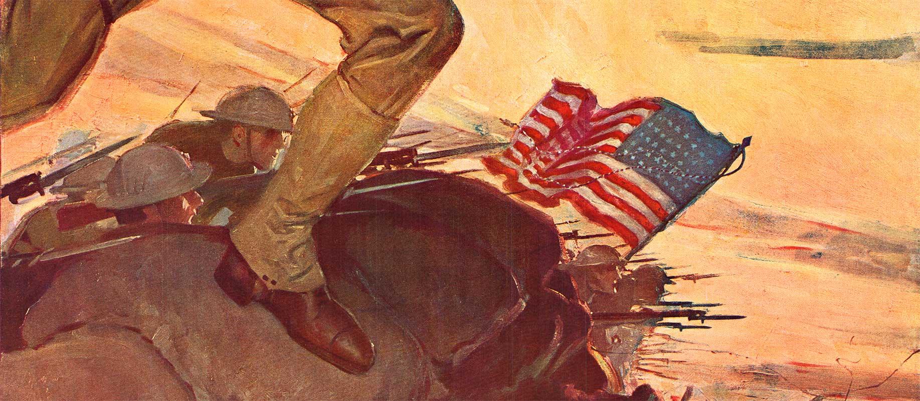 Original World War 1 antique poster:   Go Over The Top With U.S. Marines.  Artist John Coughlin.   Linen backed.  Grade A, Excellent condition.  

Rare World War 1 linen-backed U.S. Marines poster. Very good fine condition.
It's interesting that 
