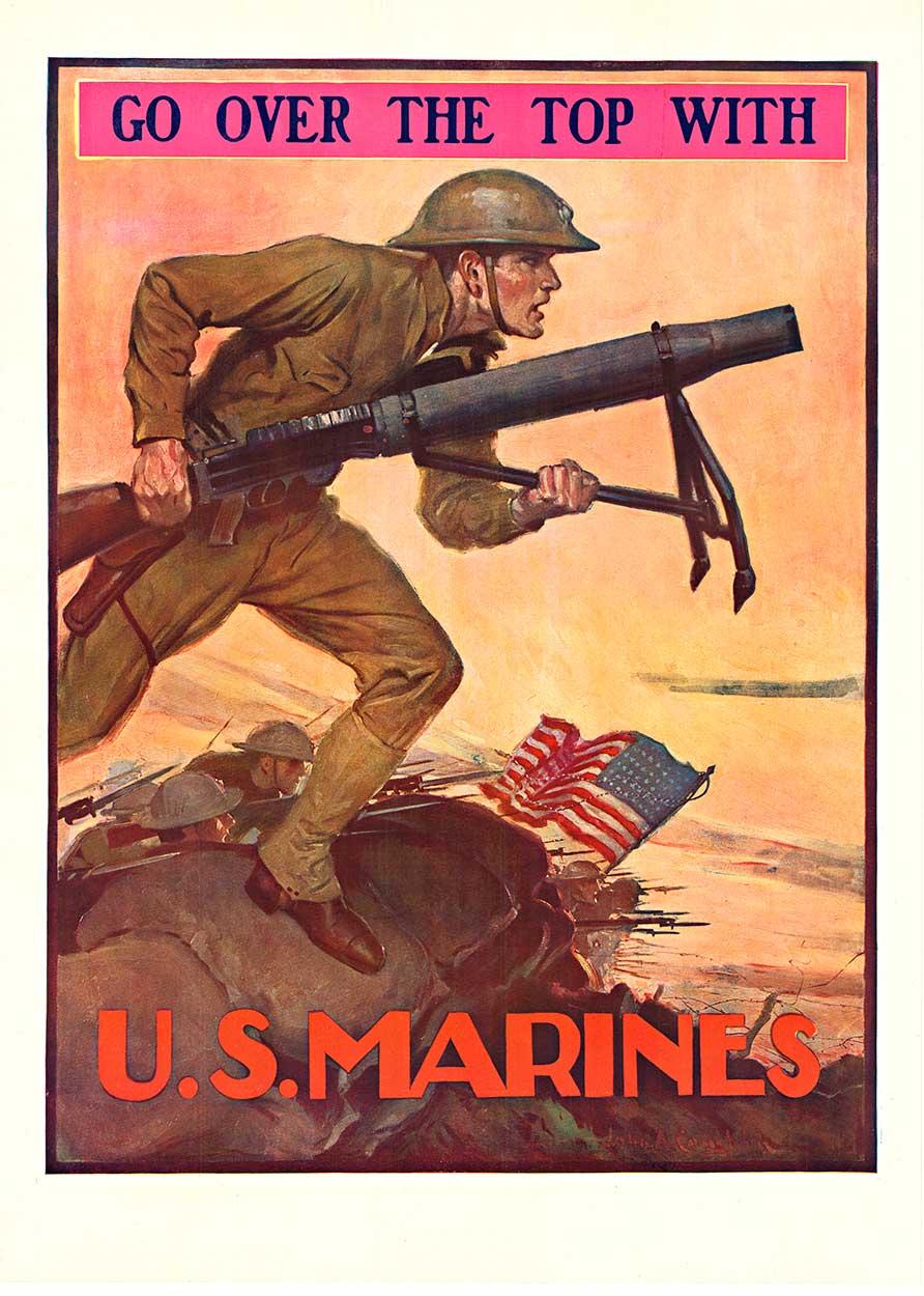 Poster d'epoca originale Go Over The Top With U..S. MARINES della prima guerra mondiale