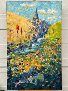 Pintura surrealista, abstracta e impresionista de figuras en la naturaleza, obra de un artista británico