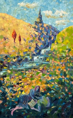 Pintura surrealista, abstracta e impresionista de figuras en la naturaleza, obra de un artista británico