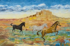 Wild Horses Running in Arizona Desert Landscape - Fantasy Art by British Artist