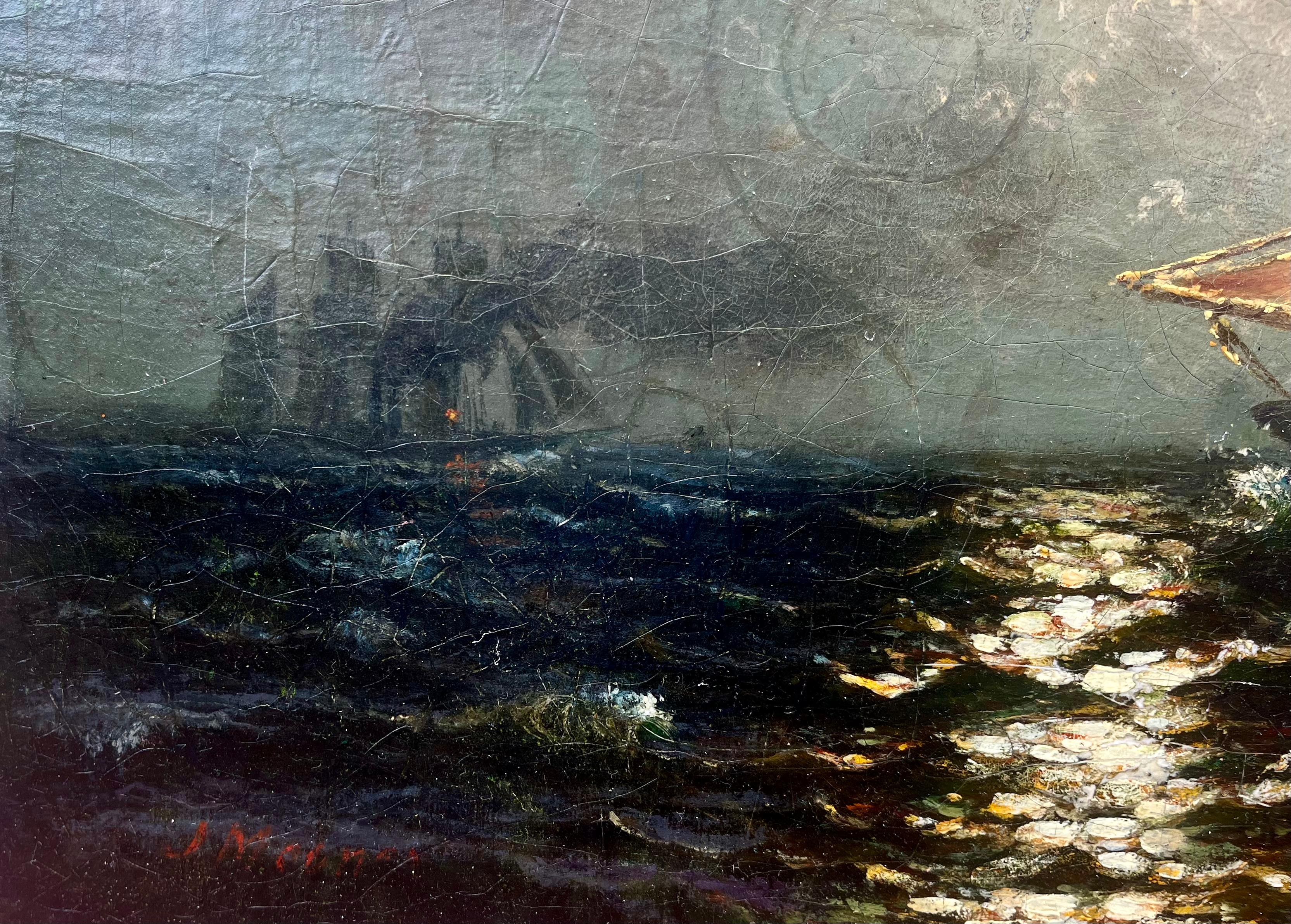 Sailing Through Lively Waters - Black Landscape Painting by John A Mooney