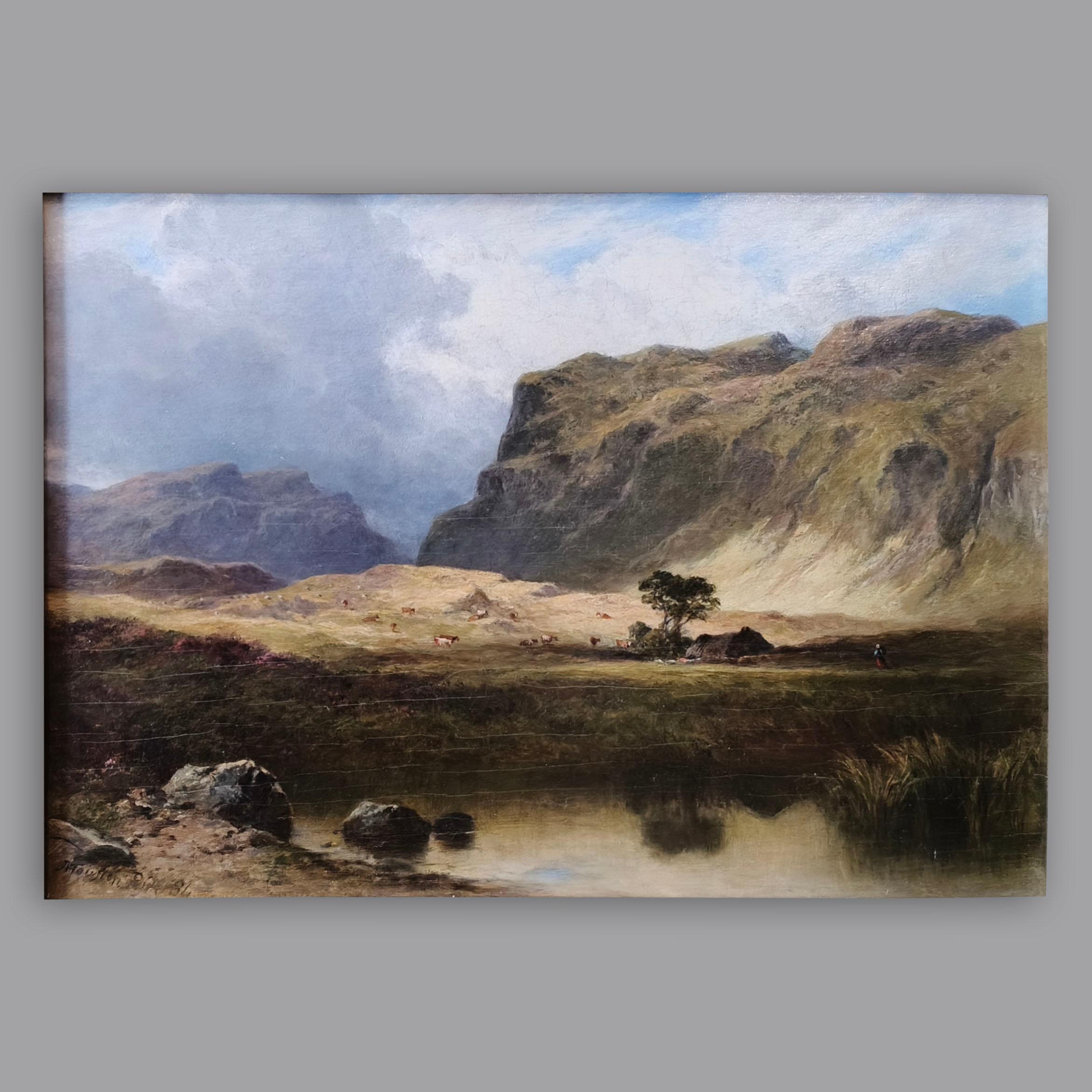 Ein Ölgemälde auf Karton, das eine schottische Landschaft mit einem See darstellt, von dem in Wales geborenen schottischen Künstler John Adam Houston. Das Gemälde ist gerahmt. Das Gemälde ist links unten signiert und mit 84 datiert.

