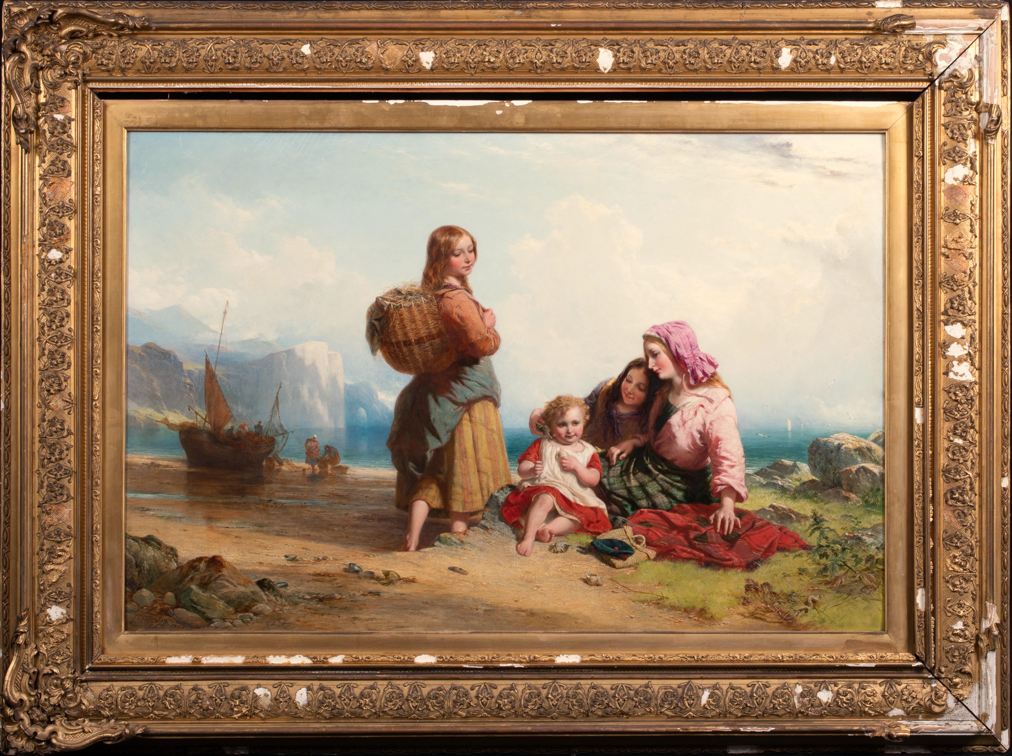 Fisherfolk & Children On A Scottish Beach, 19th Century  - Painting by John Adam Houston