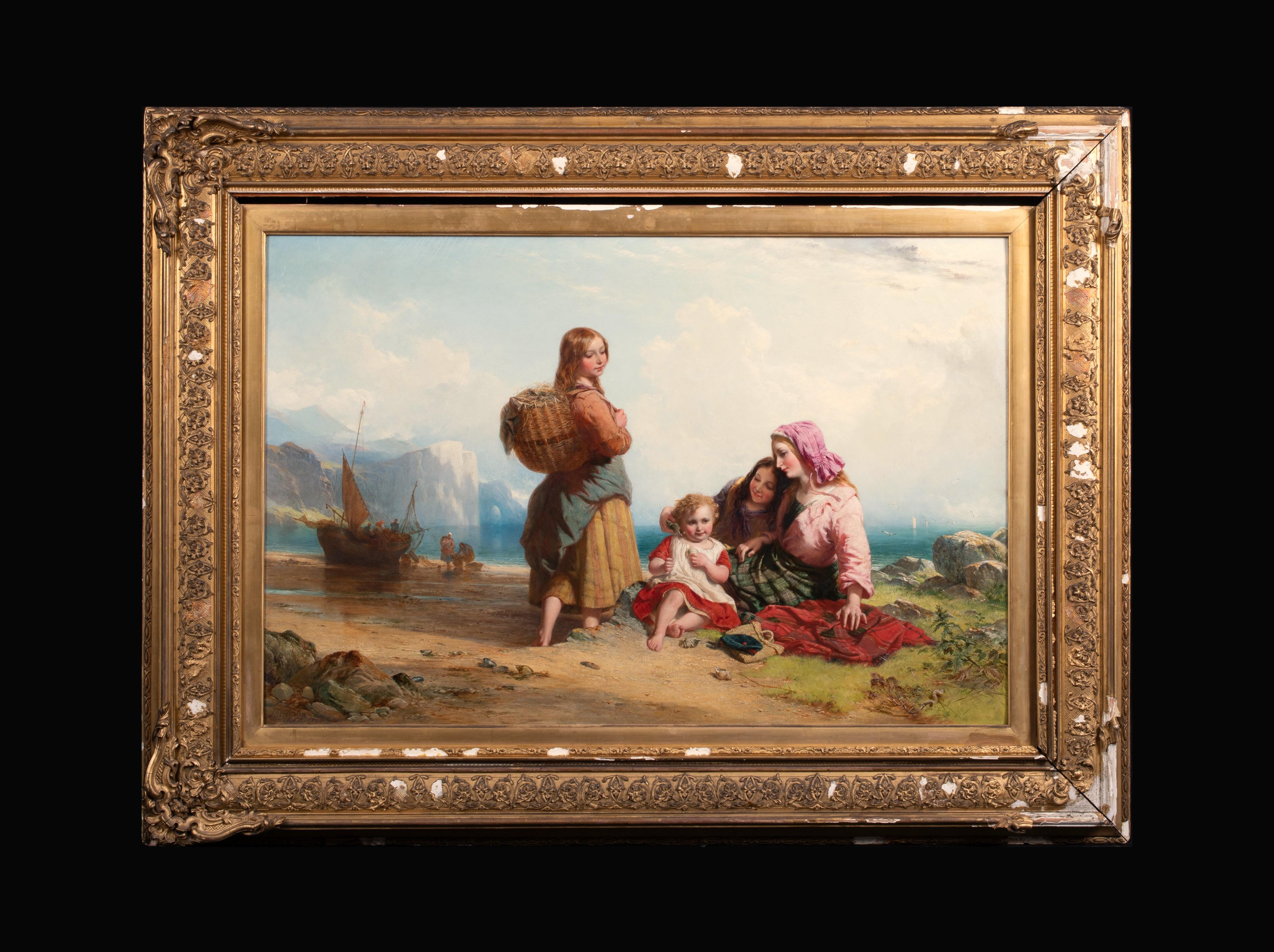 Fisherfolk & Children On A Scottish Beach, 19. Jahrhundert  (Beige), Landscape Painting, von John Adam Houston
