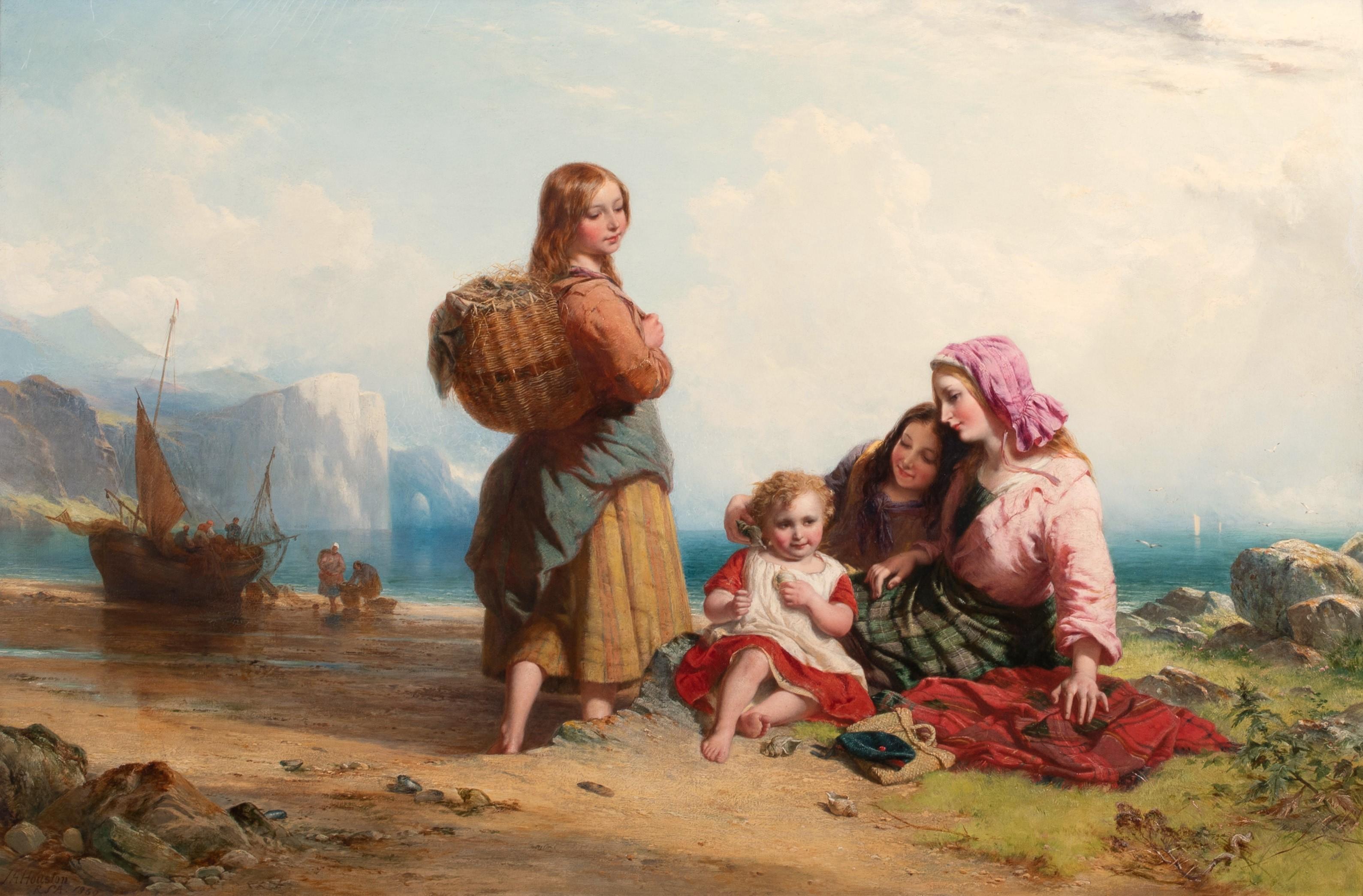 John Adam Houston Landscape Painting - Fisherfolk & Children On A Scottish Beach, 19th Century 