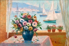 "Mediterranean Coastal View" Impressionist Oil Painting on Canvas Framed