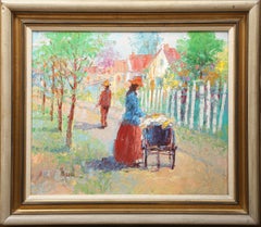 Camino bordeado de árboles, pintura al óleo impresionista sobre lienzo de John Adamos Manol