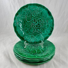 John Adams Grüne englische Majolika- Geranienteller, um 1865, 6er-Set