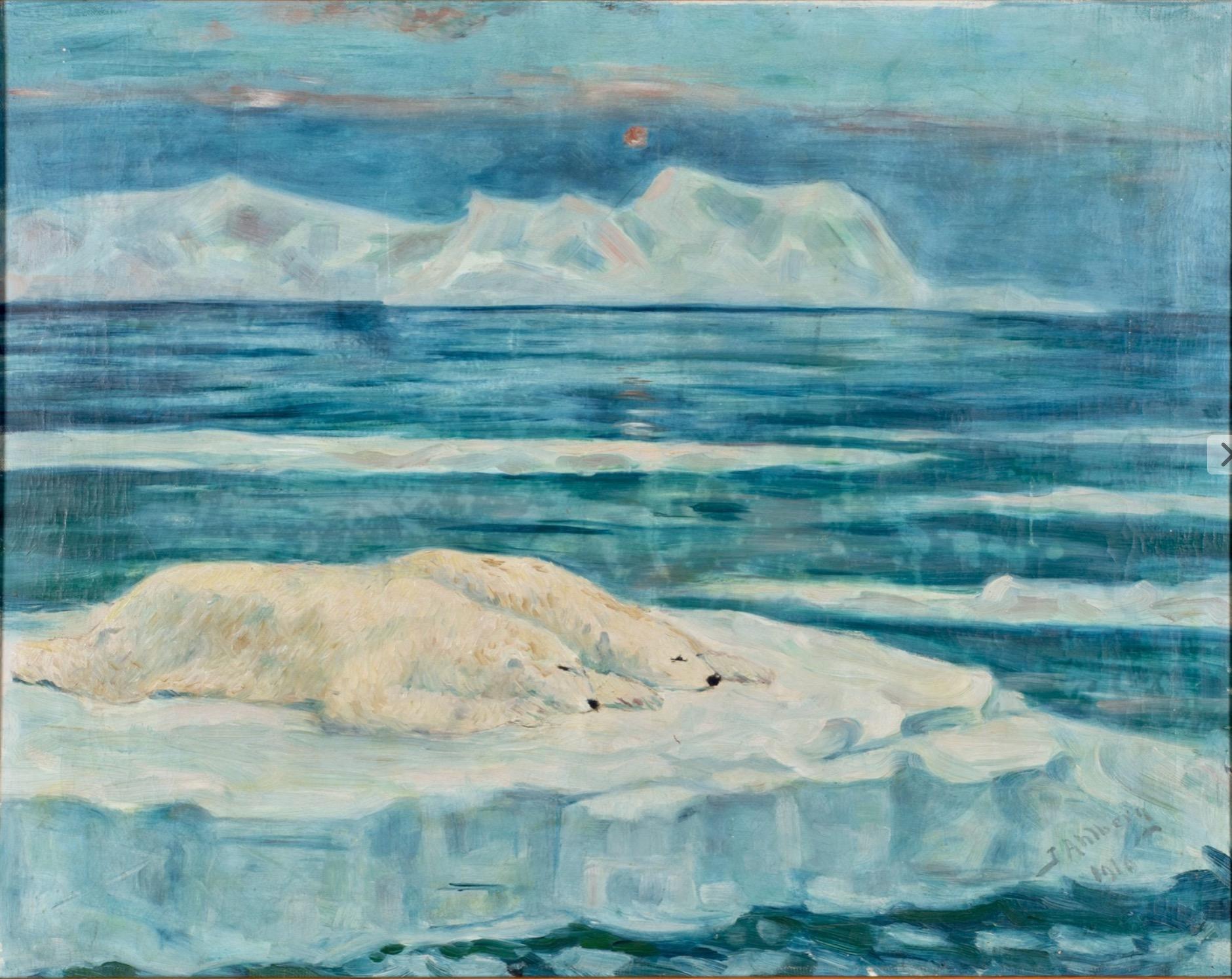 Polar Bears Resting in the Arctic. Oil on Canvas, 1910.  - Painting by John Ahlberg
