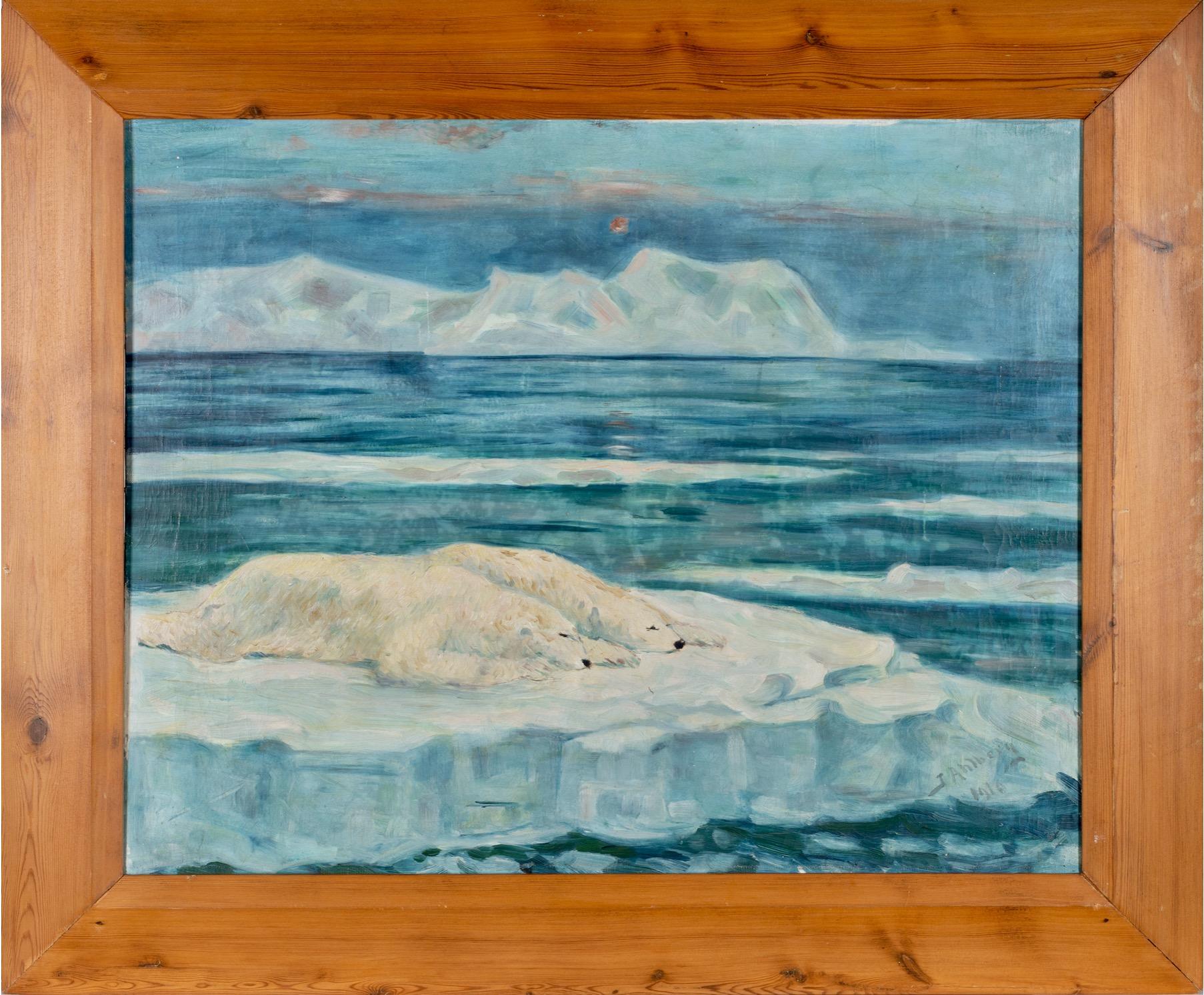 Ein schönes Gemälde von John Ahlberg, signiert und datiert 1910 von zwei Eisbären, die auf dem Eis in der Arktis schlafen, mit Eisbergen im Hintergrund und einigen Eisschollen auf dem offenen Meer. Die Arktis war um die Jahrhundertwende ein