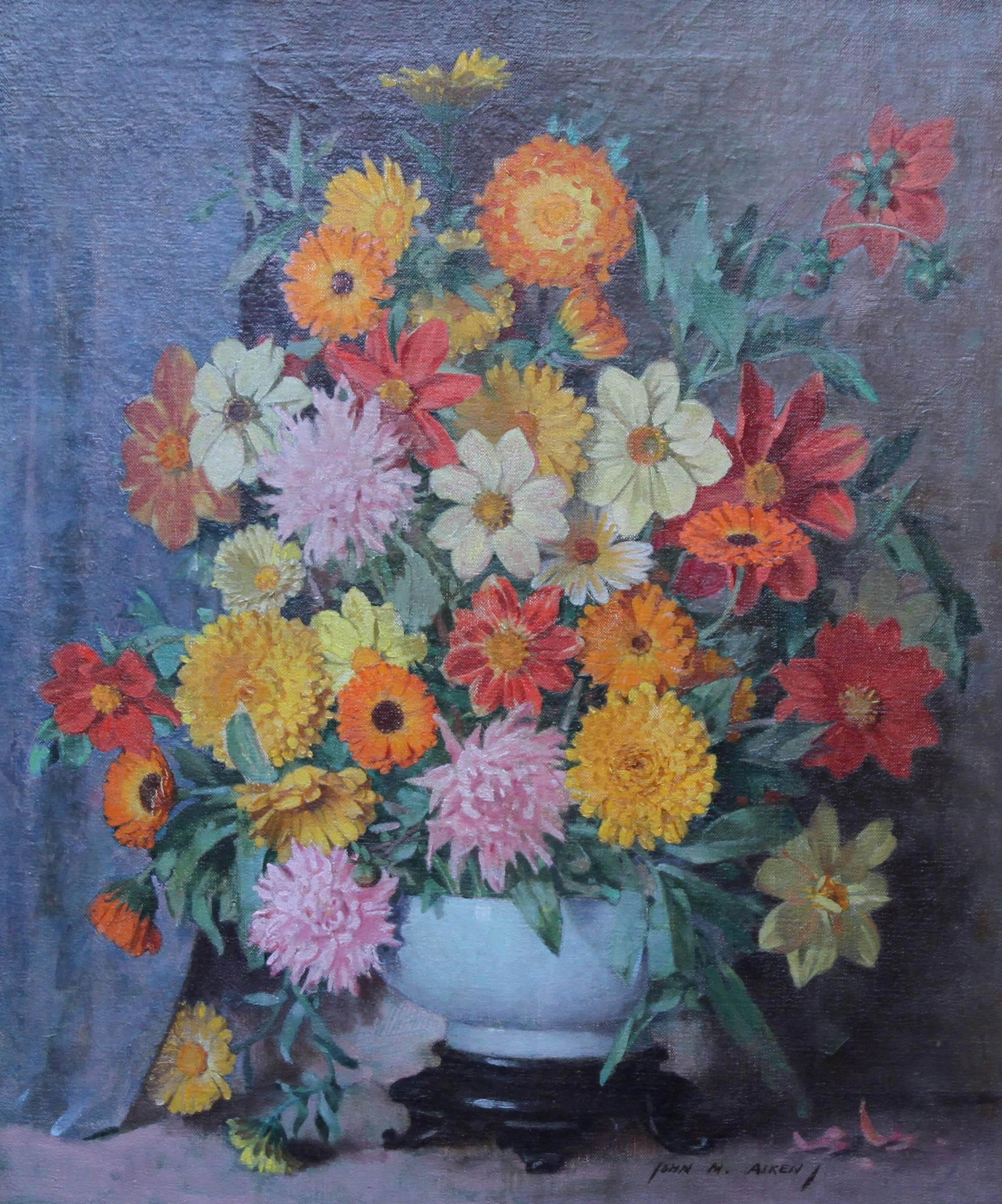 Scottish Floral - Scottish art 1920's oil painting still life floral arangement - Painting by John Aiken