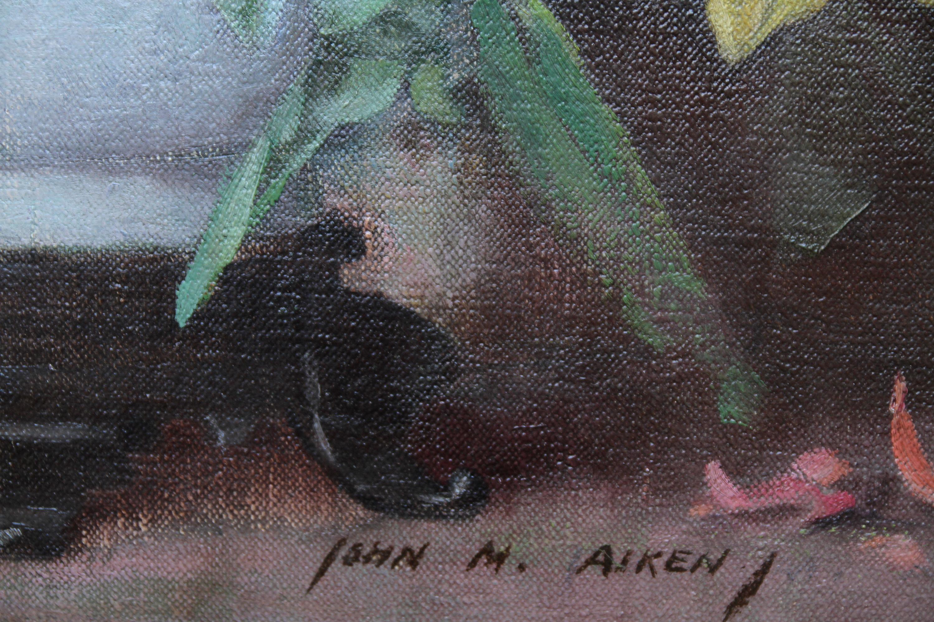 A fine floral oil painting by Scottish listed artist John M. Aiken.  This is a super oil on canvas painting of a floral arrangement entitled 