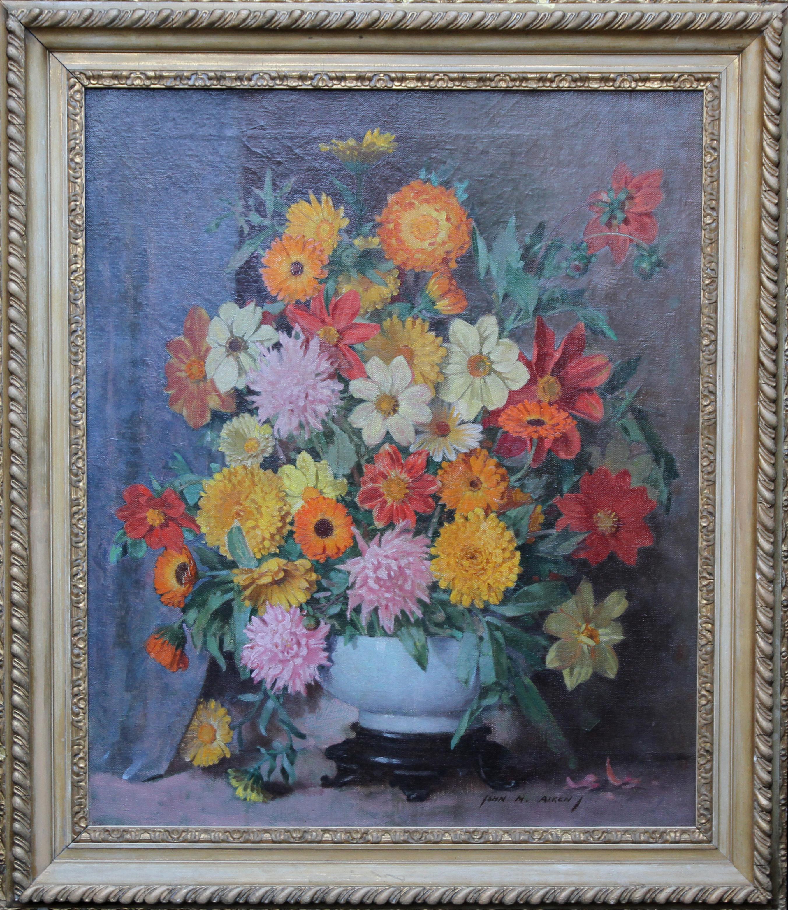 Scottish Floral - Scottish art 1920's oil painting still life floral arangement For Sale 5