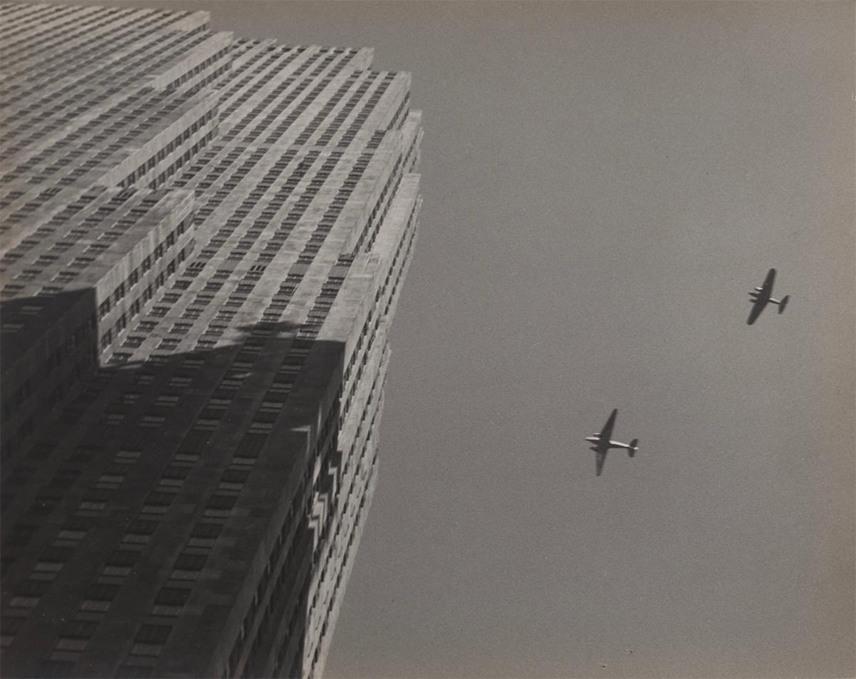 John Albok Black and White Photograph - Untitled (2 Planes Flying Over Seagrams Building)