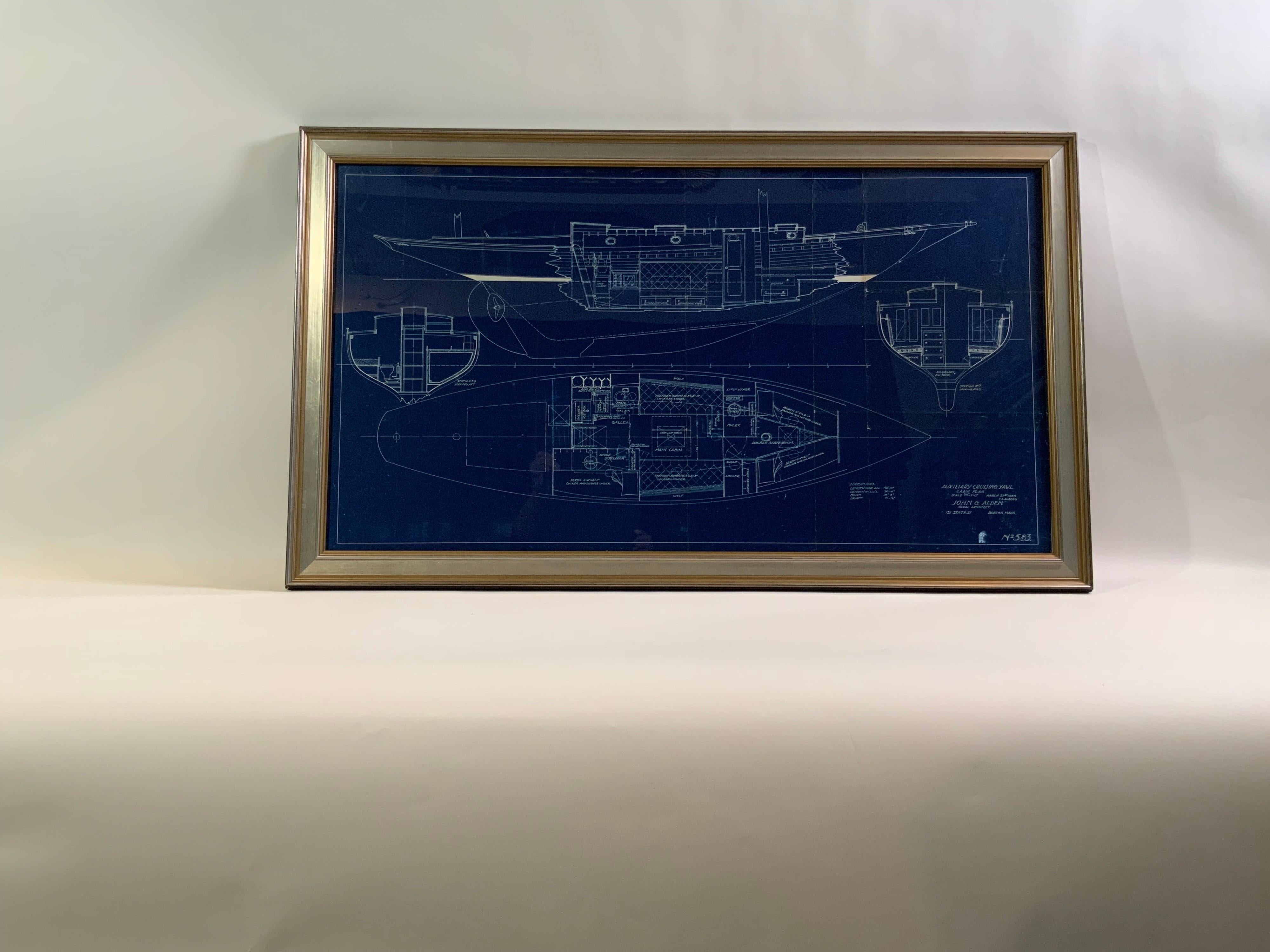 Exceptional and stunning original yacht blueprint from John G Alden of Boston. The legend panel reads “Auxiliary Cruising Yawl” cabin plan. March 21, 1934. C.A. Alberg John G. Alden Naval Architect. 131 State St, Boston. Numbered 583. 

The crisp