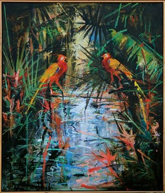 Vintage John Alexander, The Jungle Birds Showdown, 1987; oil painting, oil on canvas