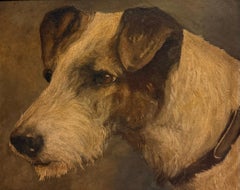 19. Jahrhundert Portrait Weißer und schwarzer Terrier Hundekopf Britisches Ölgemälde