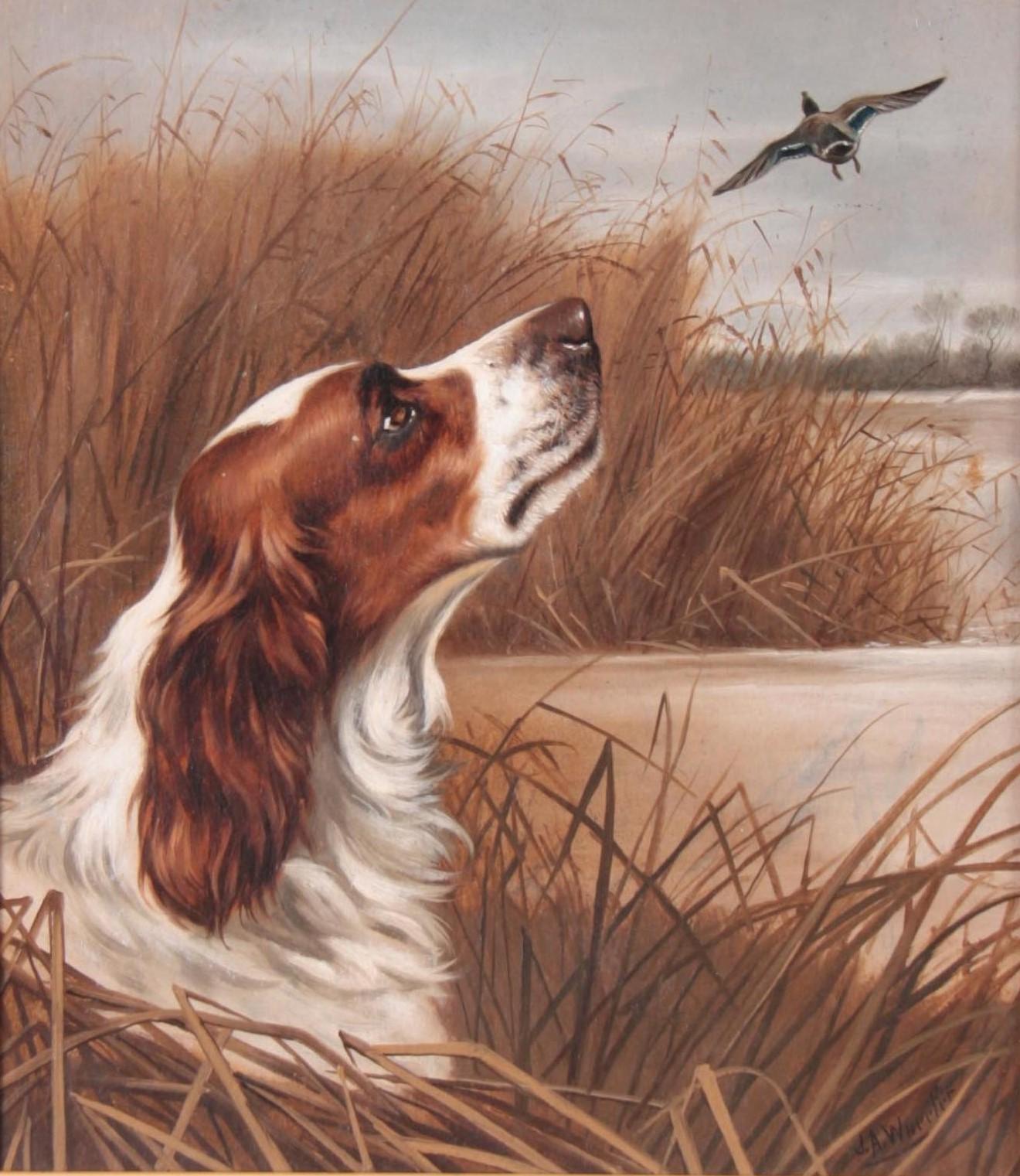 John Alfred Wheeler Springer Spaniel dog flushing a duck, landscape oil 1