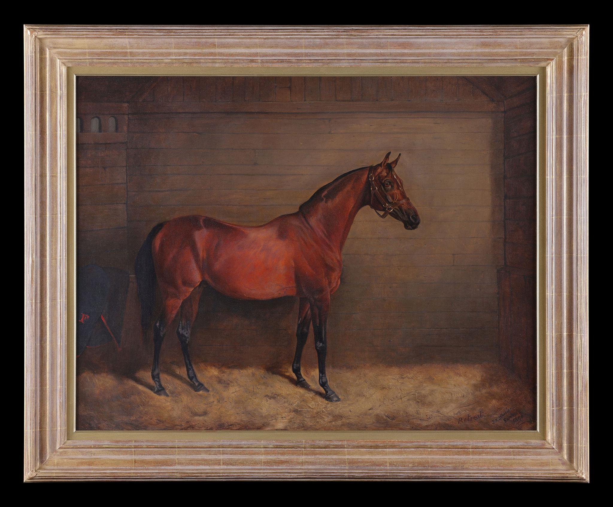 'Retreat' A Chestnut Horse in a Stable,  an antique oil painting For Sale 1