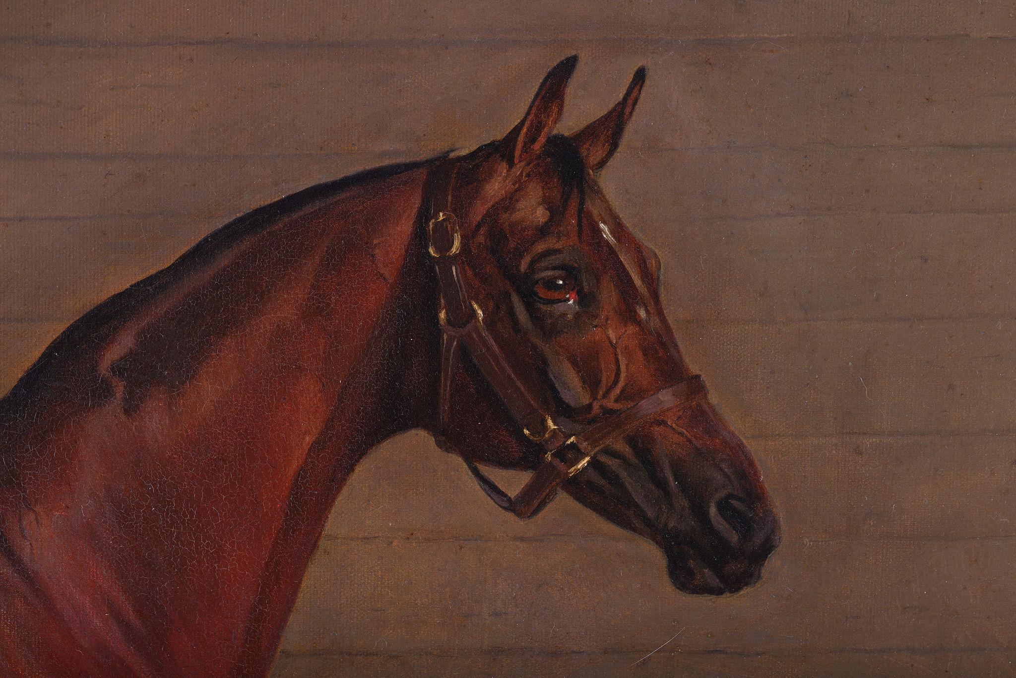 'Retreat' A Chestnut Horse in a Stable,  an antique oil painting For Sale 2