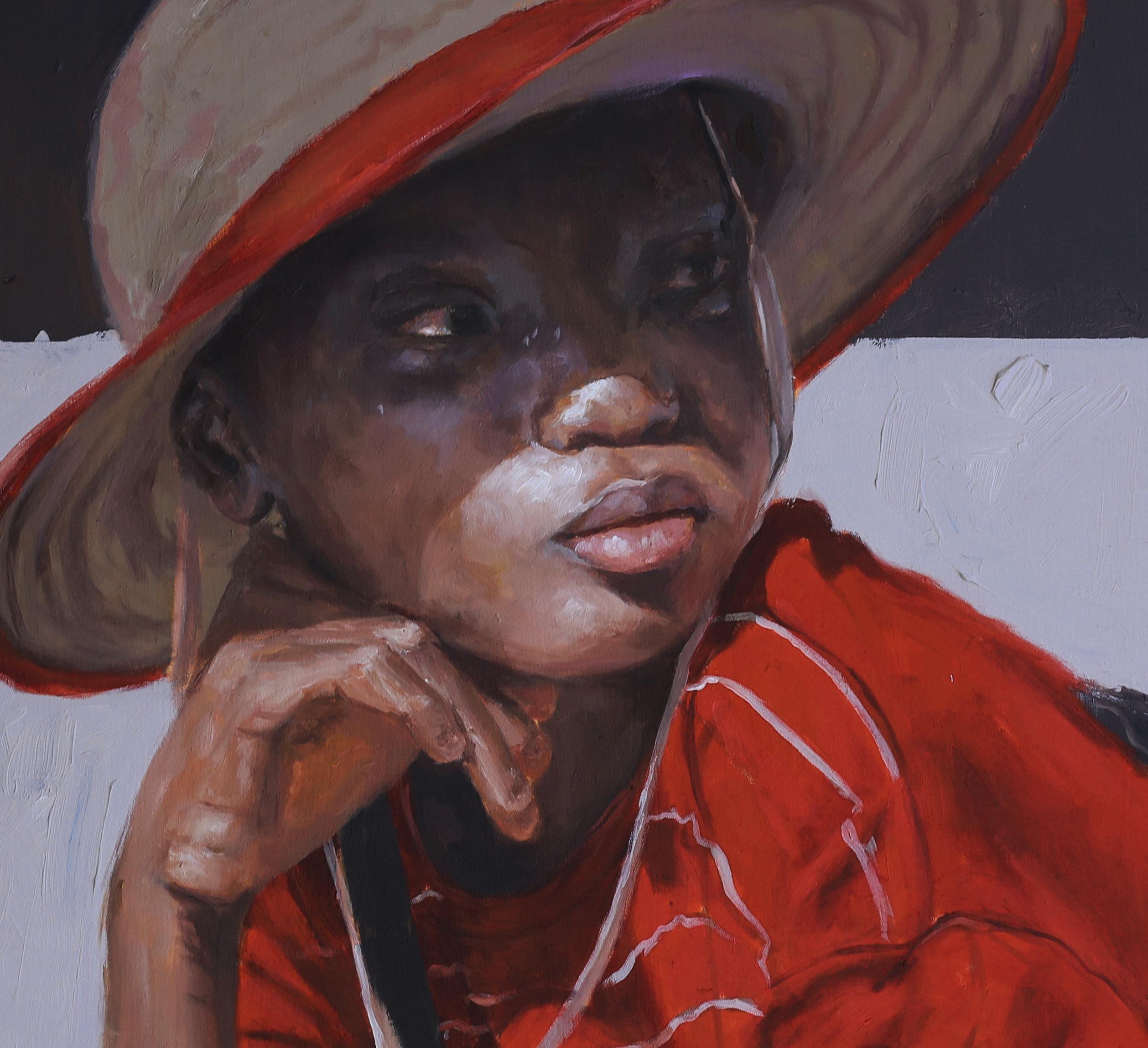 Steadfast Gaze 2 - 21st Century, Contemporary, Figurative Portrait, Africa, Girl - Noir Figurative Painting par John Ali