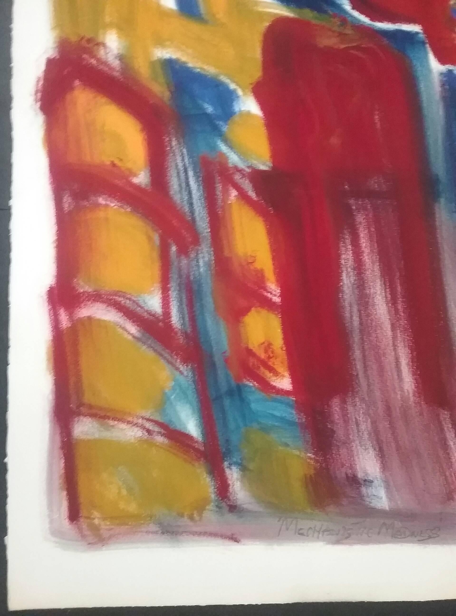 Expressionist painting on Arches paper by John Alvaro Caldas, (1934 - 2006). 

Titled, signed and dated '84 along lower margin.  Unframed.  In excellent condition.

Colours: Red, blue and yellow.
Dimensions:  22 inches x 30 inches.  56 cms x 76