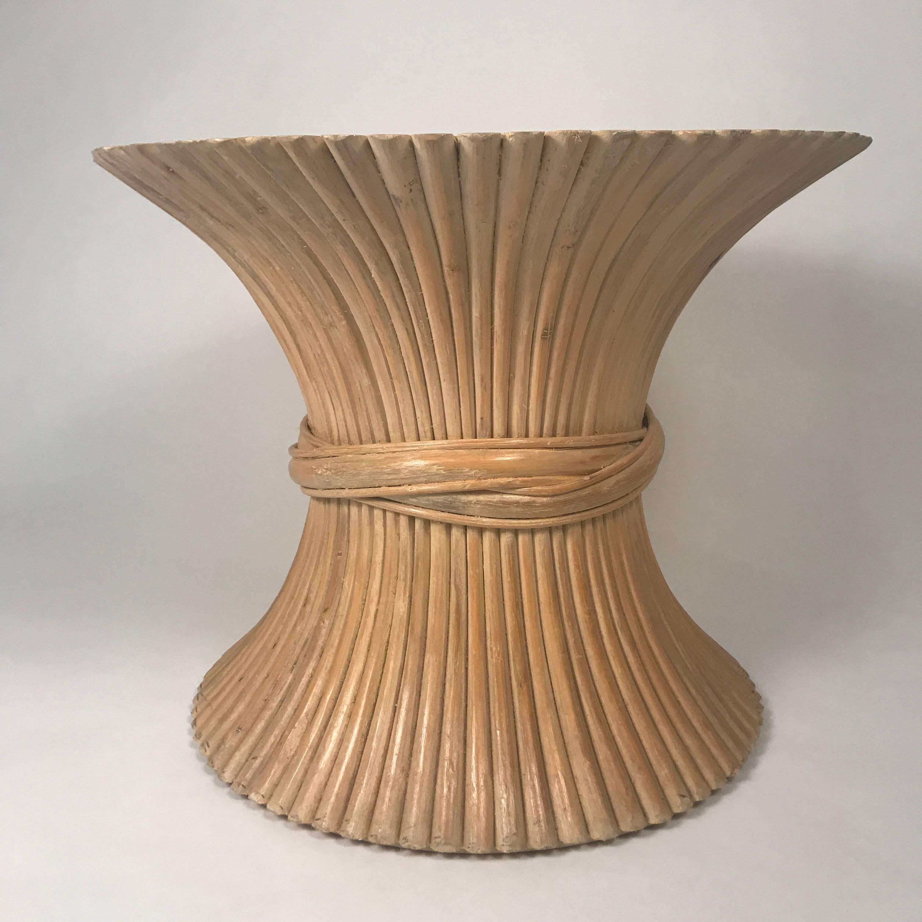 McGuire round sheaf of wheat bamboo table. Designed by the husband and wife team John and Elinor McGuire. Natural bamboo construction.

