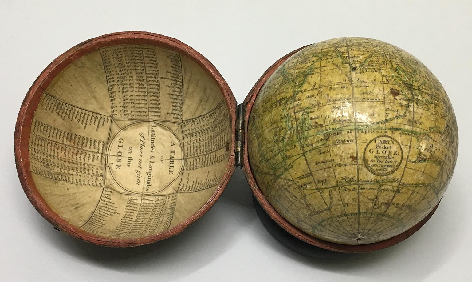 John and William Cary
Pocket globe
London, 1791

The pocket globe is contained in its original case, which itself is covered in shark skin.
There are various gaps in the original paint on the sphere. The case no longer closes.
It measures 3 in