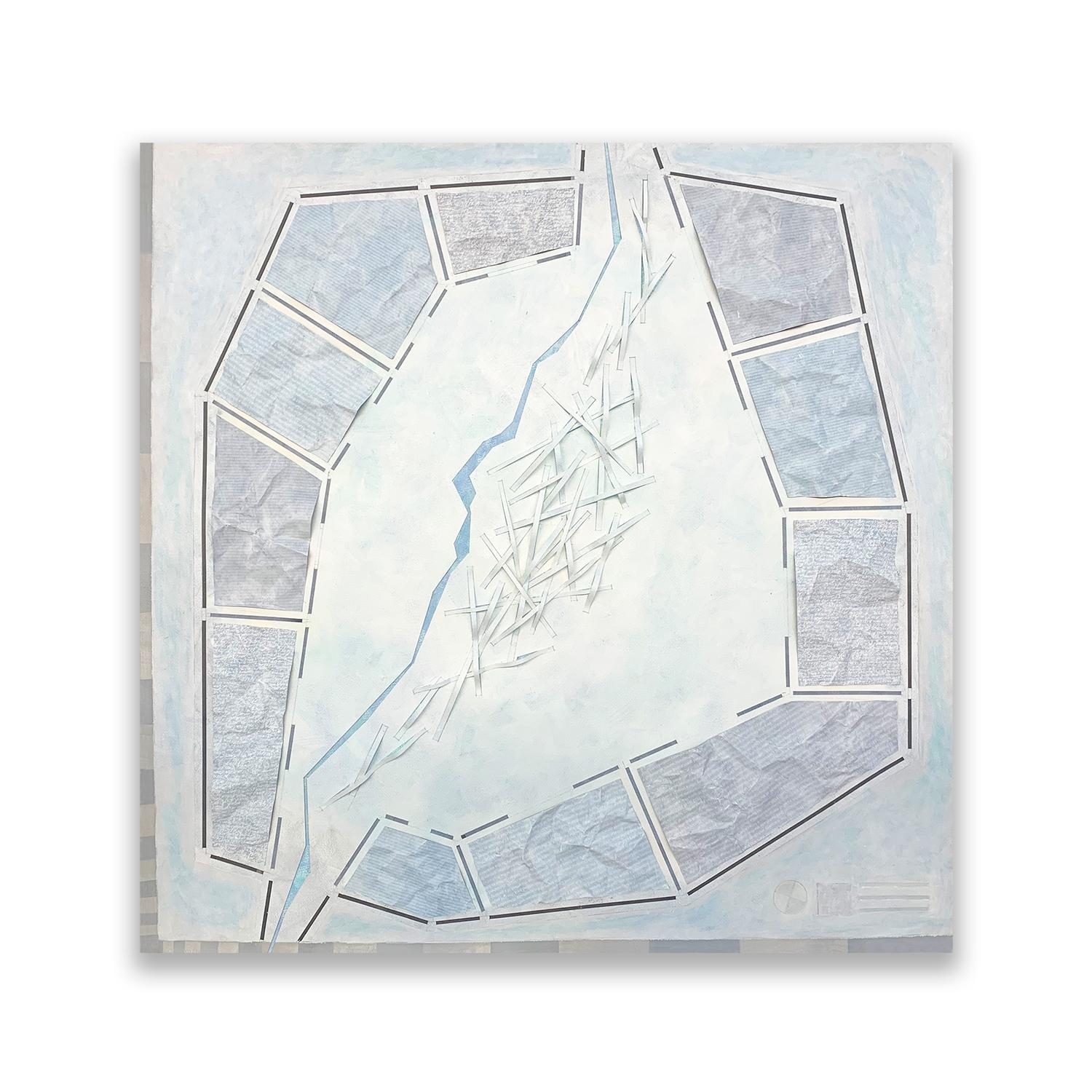 Architect John Anderson uses different materials including Acrylic paint, inkjet prints, graphite, and colored pencil on paper to create a collage-style map that shows a polar research settlement on warming and changing ice shelves.