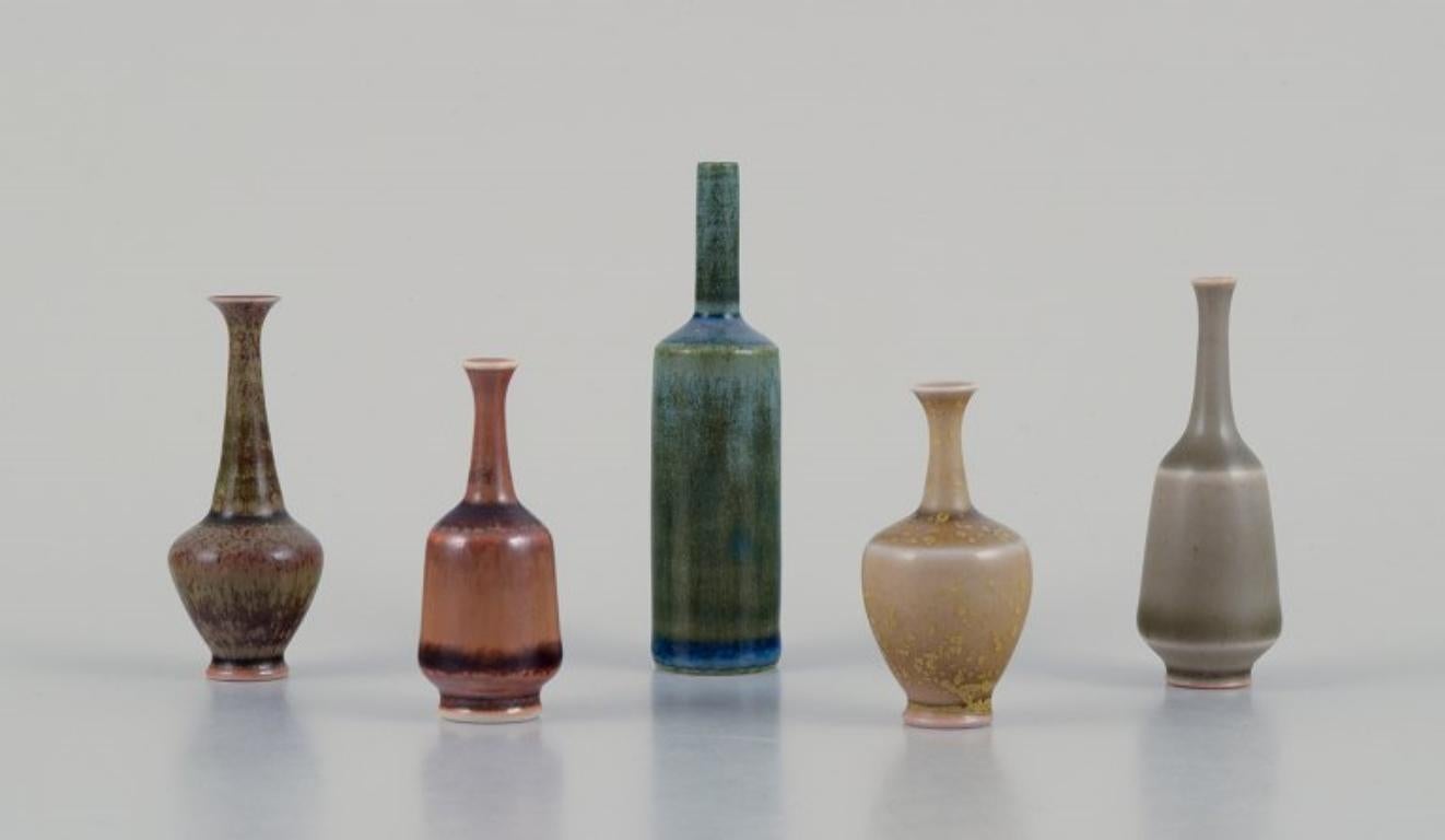 John Andersson for Höganäs, Sweden.
A set of five unique miniature ceramic vases in various shapes and glazes.
From the 1960s/70s.
All in perfect condition.
All signed.
Dimensions: From H 50 to 80 mm x W 21 mm.
